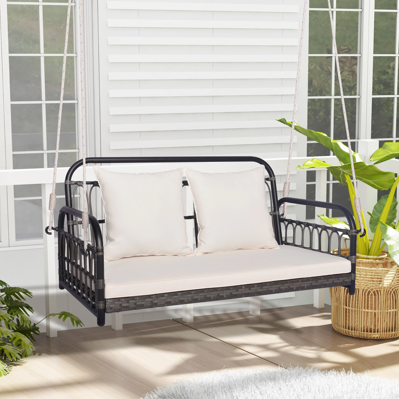 SUGIFT 2-Person Outdoor Hanging Swing Chair with Cushions 880-lb Capacity Mix Gray Frame Off White Cushions