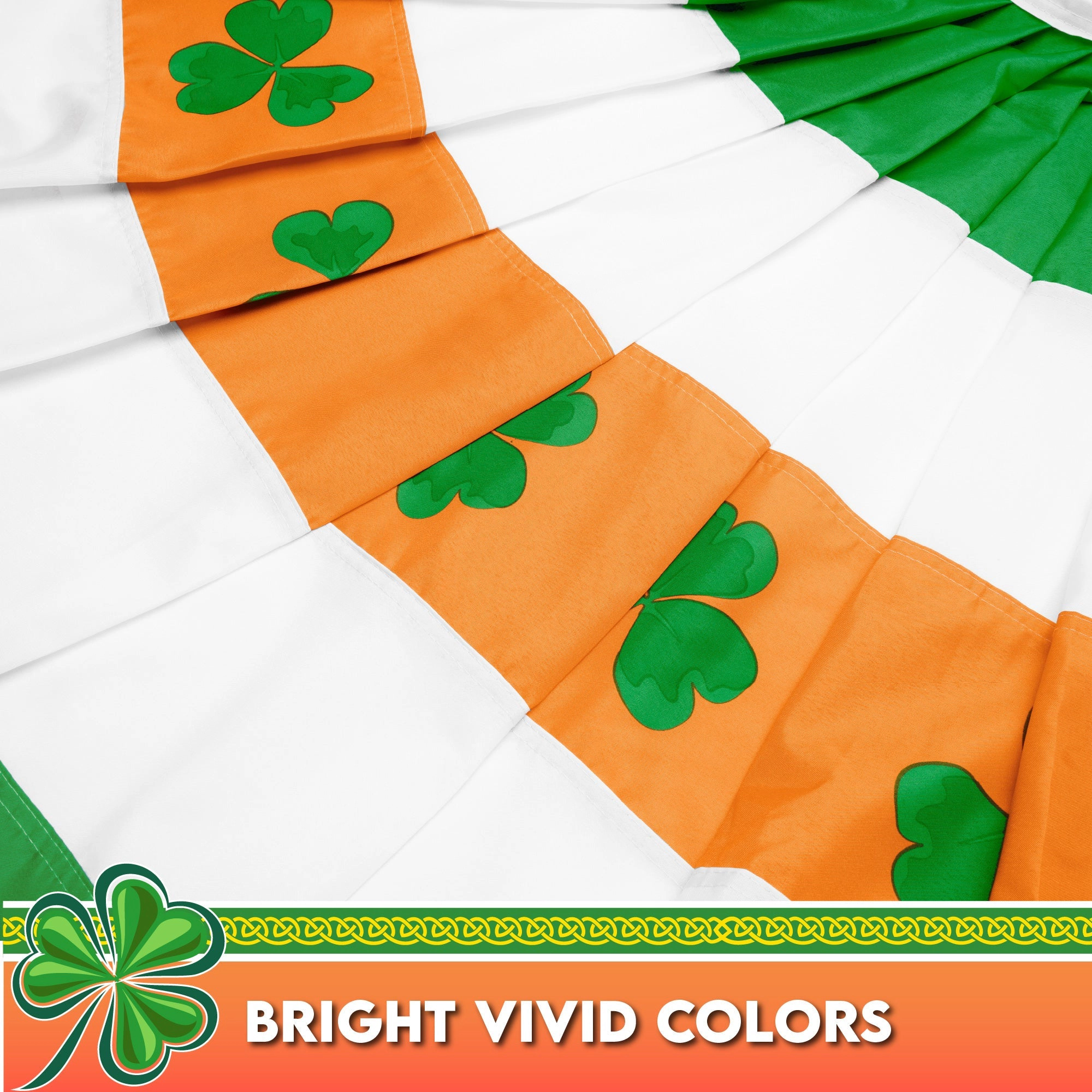 G128 Ireland Shamrock Pleated Fan Flag 2x4 Ft, 150D Polyester, Brass Grommets, Indoor/Outdoor