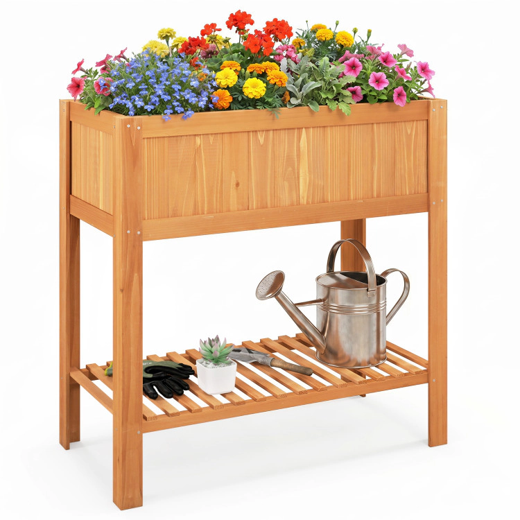 Hivvago Outdoor Raised Garden Bed Fir Wood Planter Box with Bottom Storage Shelf and Protective Liner
