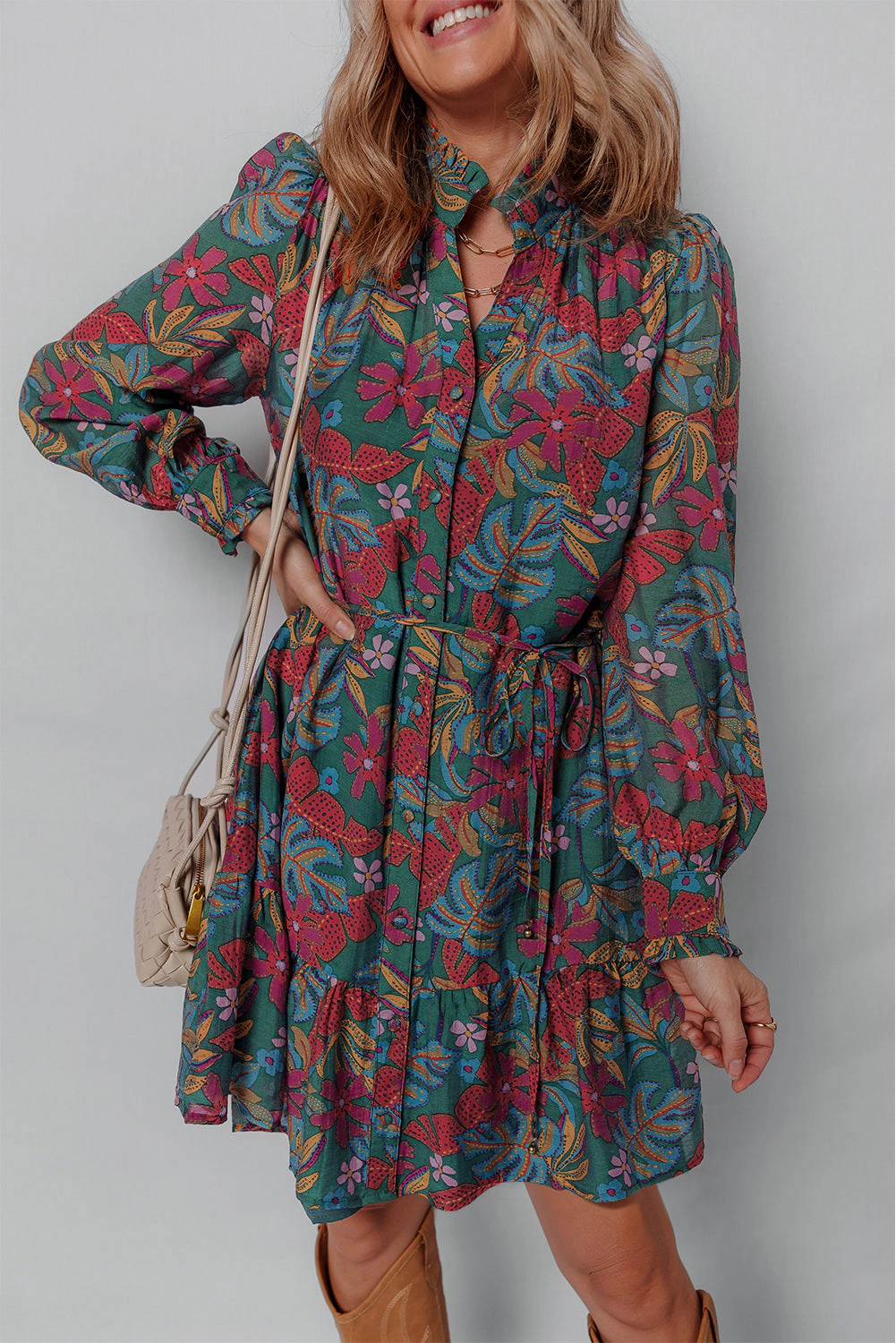 Threaded Pear Women's Maria Floral V Neck Puff Sleeve Dress