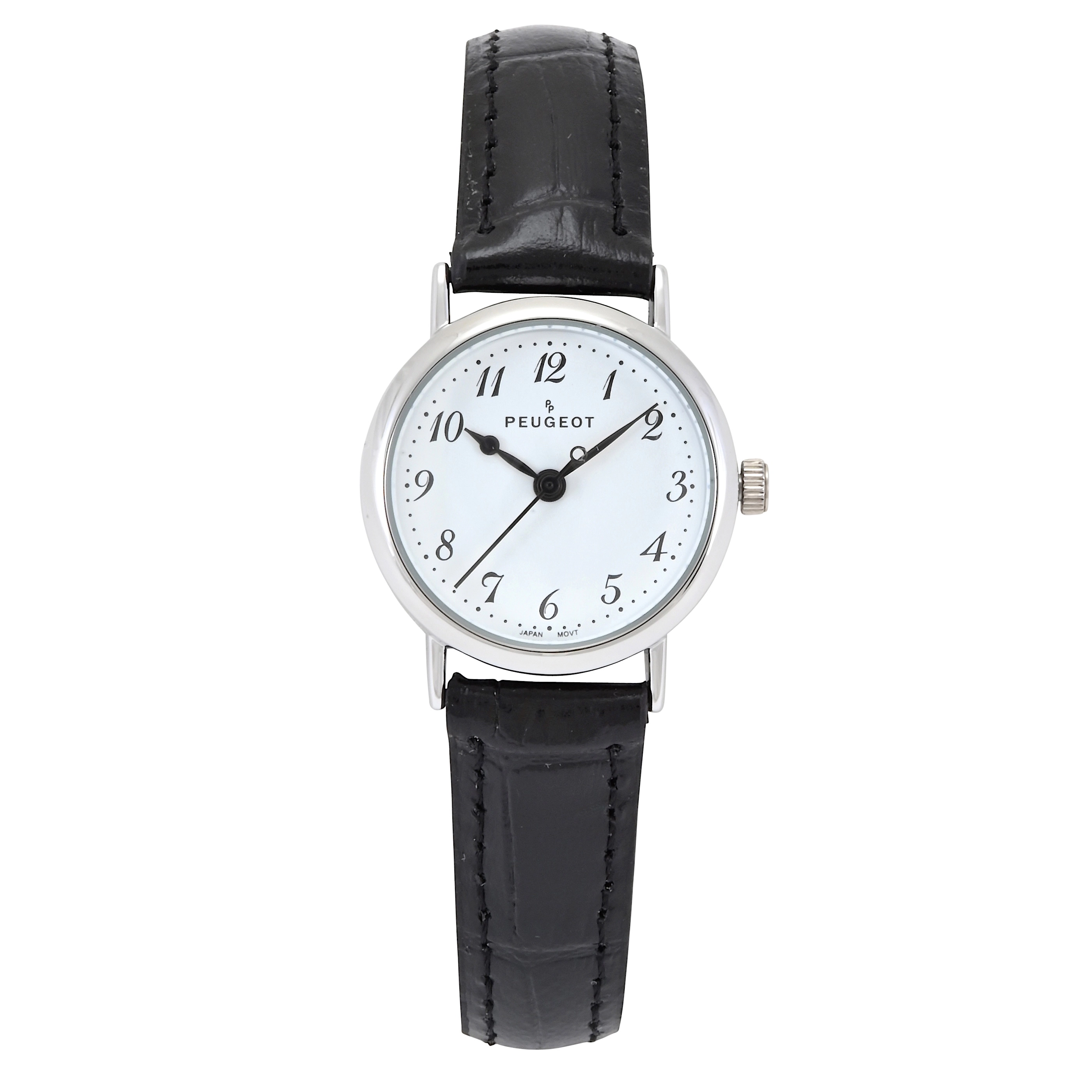Peugeot Womens Small Face Easy Read Minimalist Black Leather Strap Watch