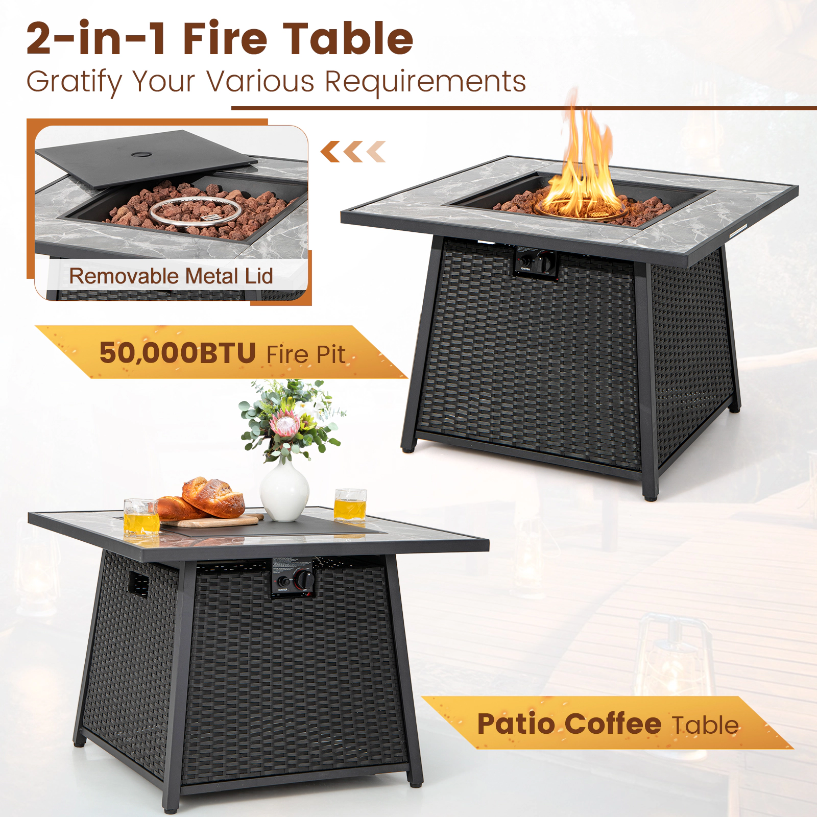 SUGIFT 7-Piece Red Patio Rattan Sectional Set with 50000-BTU Fire Pit Table 35-in W 24.5-in H 400-lb Sofa Capacity
