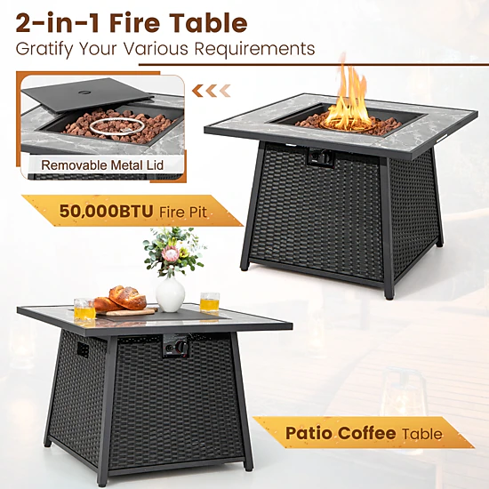 SUGIFT 7-Piece Red Patio Rattan Sectional Set with 50000-BTU Fire Pit Table 35-in W 24.5-in H 400-lb Sofa Capacity