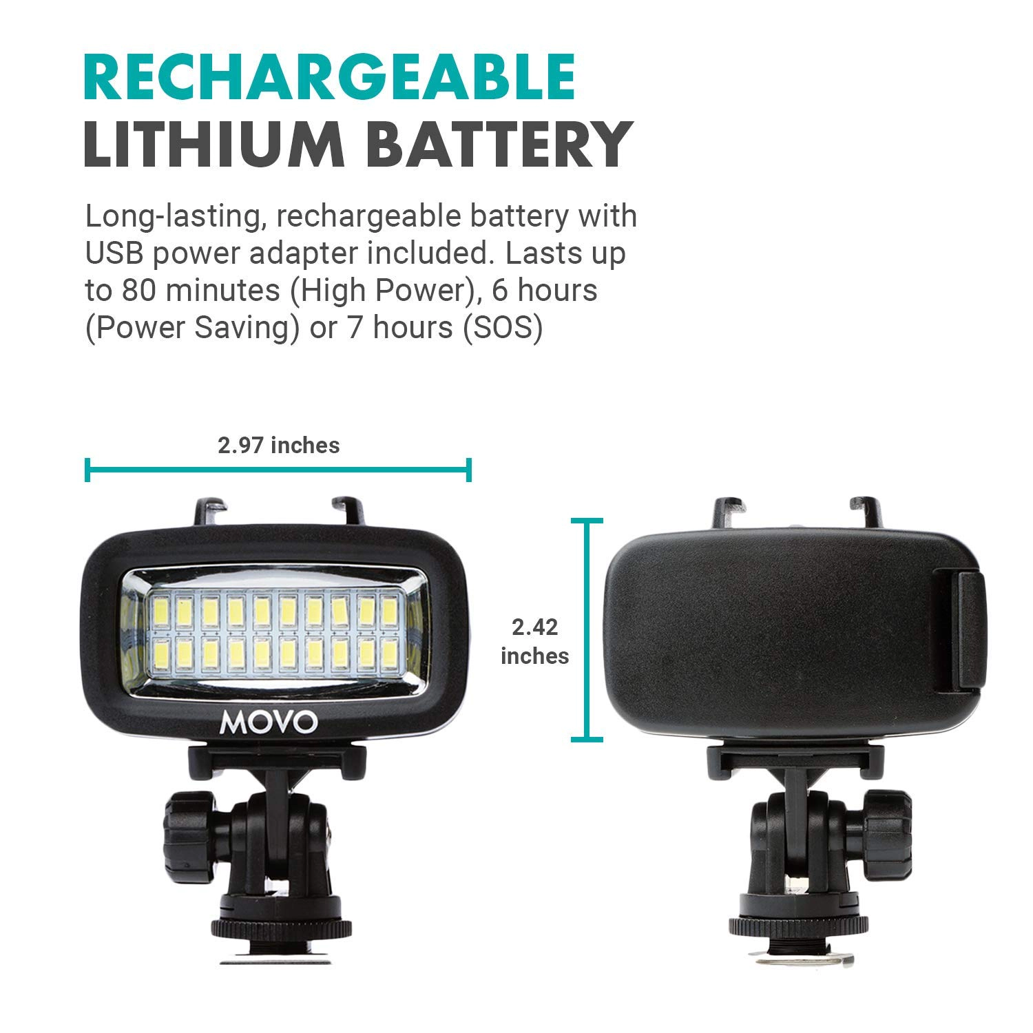 Movo LED-WP Underwater High-Power Rechargeable LED Video Light with Action Camera and Shoe Mounts, Compatible