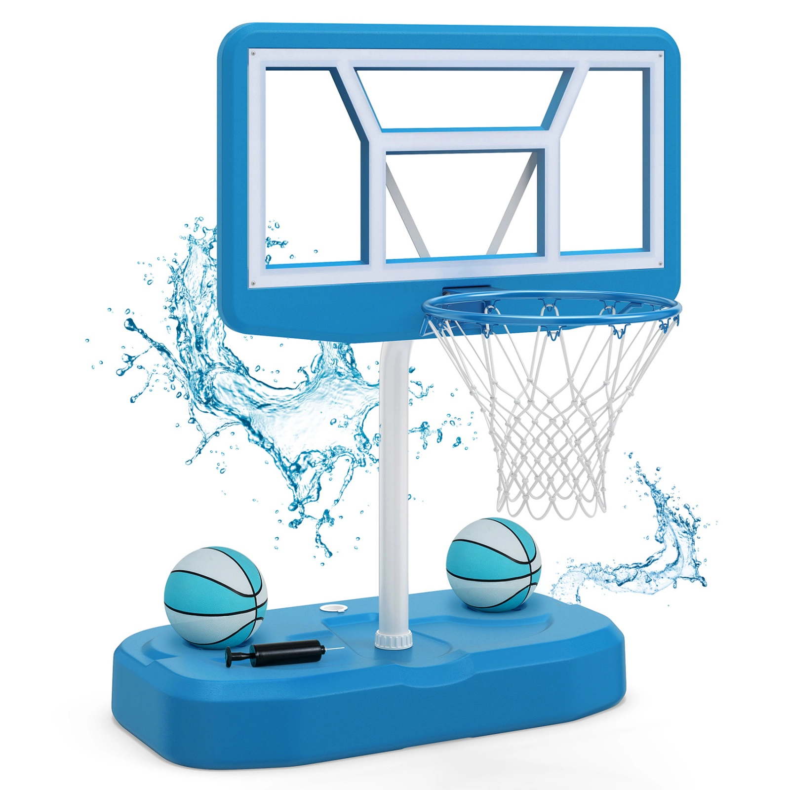 SUGIFT Kids Light Blue Pool Basketball Hoop Set with 2 Balls and Inflation Pump 42-in Backboard W 3.2-ft Rim H