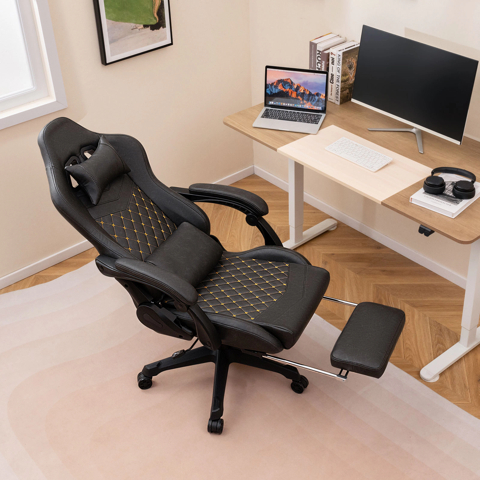 SUGIFT High Back Headrest Lumbar Pillow Reclining Video Game Computer Chair 27.5-in x 27.5-in x 49-in 330-lb Black