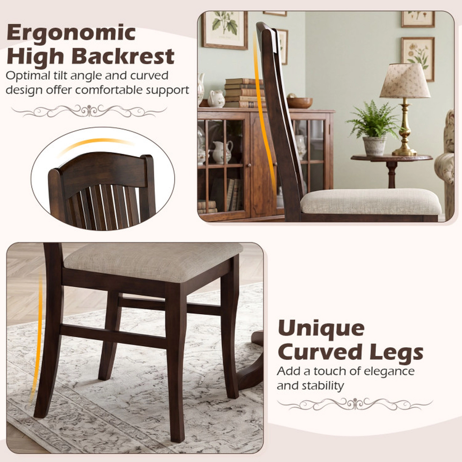 SUGIFT Set of 4 Kitchen Side Chairs with Rubber Wood Frame & Comfy Padded PU Leather Seat 400-lb Capacity Brown & White