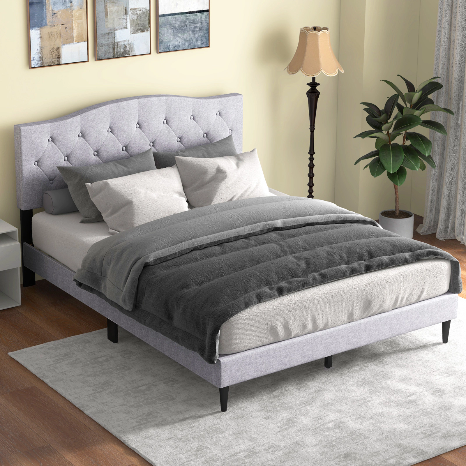 LJG Queen Size Upholstered Platform Bed with Button Tufted Headboard