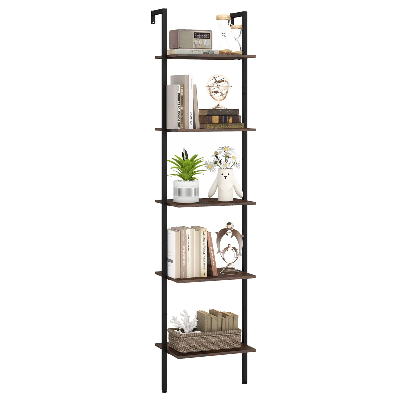 SlickBlue Wall Mounted Ladder Bookshelf with 5 Tier Storage and Metal Frame
