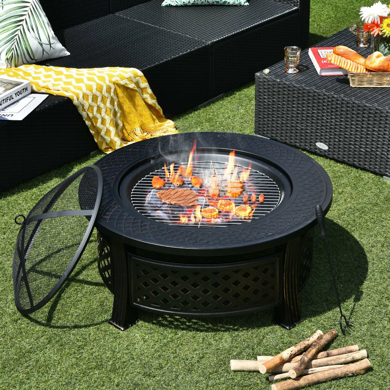 SUGIFT 32-Inch Black Steel Wood-Burning Fire Pit with BBQ Grill, Spark Cover, Poker and Rain Cover
