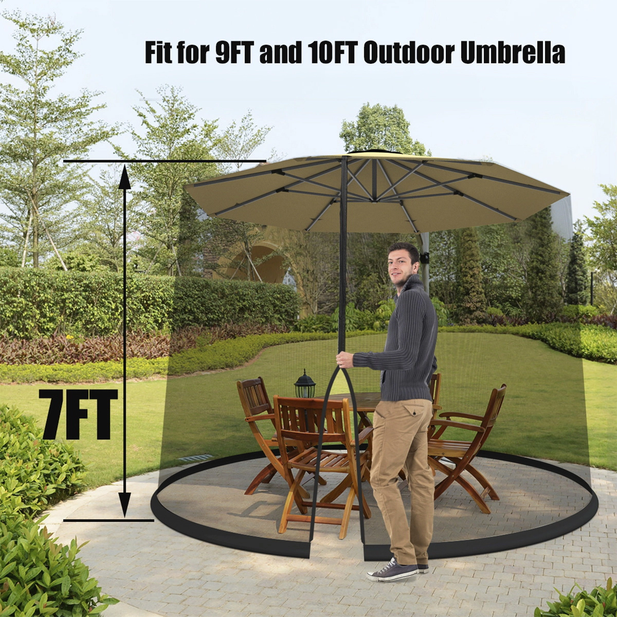 SUGIFT Mesh Umbrella Table Screen Mosquito Bug Insect Net for 9-10 ft Outdoor Umbrellas 7-ft Tall 2.4-lb Black