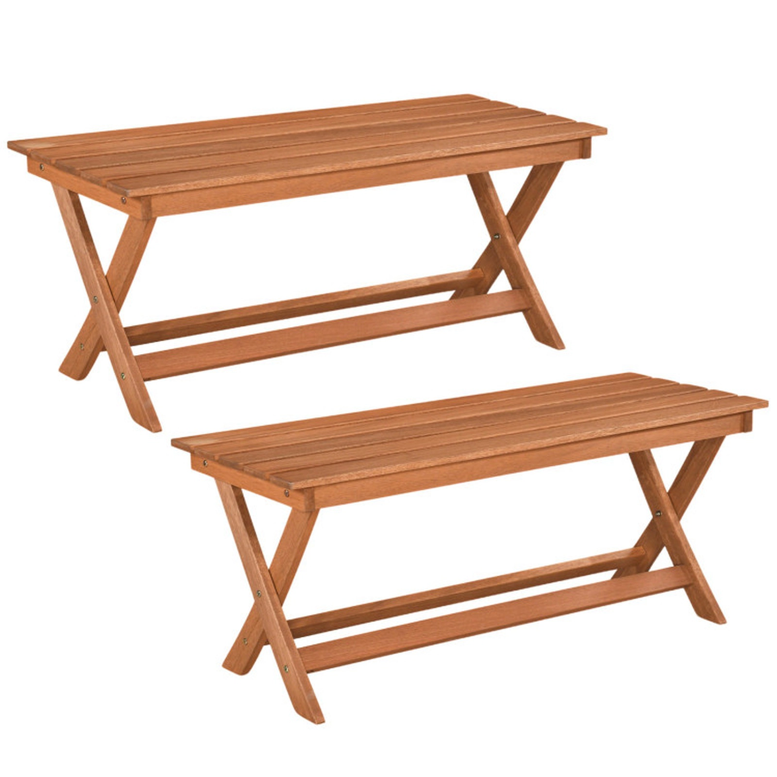 SUGIFT 2-Seat Wooden Garden Patio Bench with X-Shaped Legs 41.5-in Long 530-Lb Capacity Natural Backless Set of 2