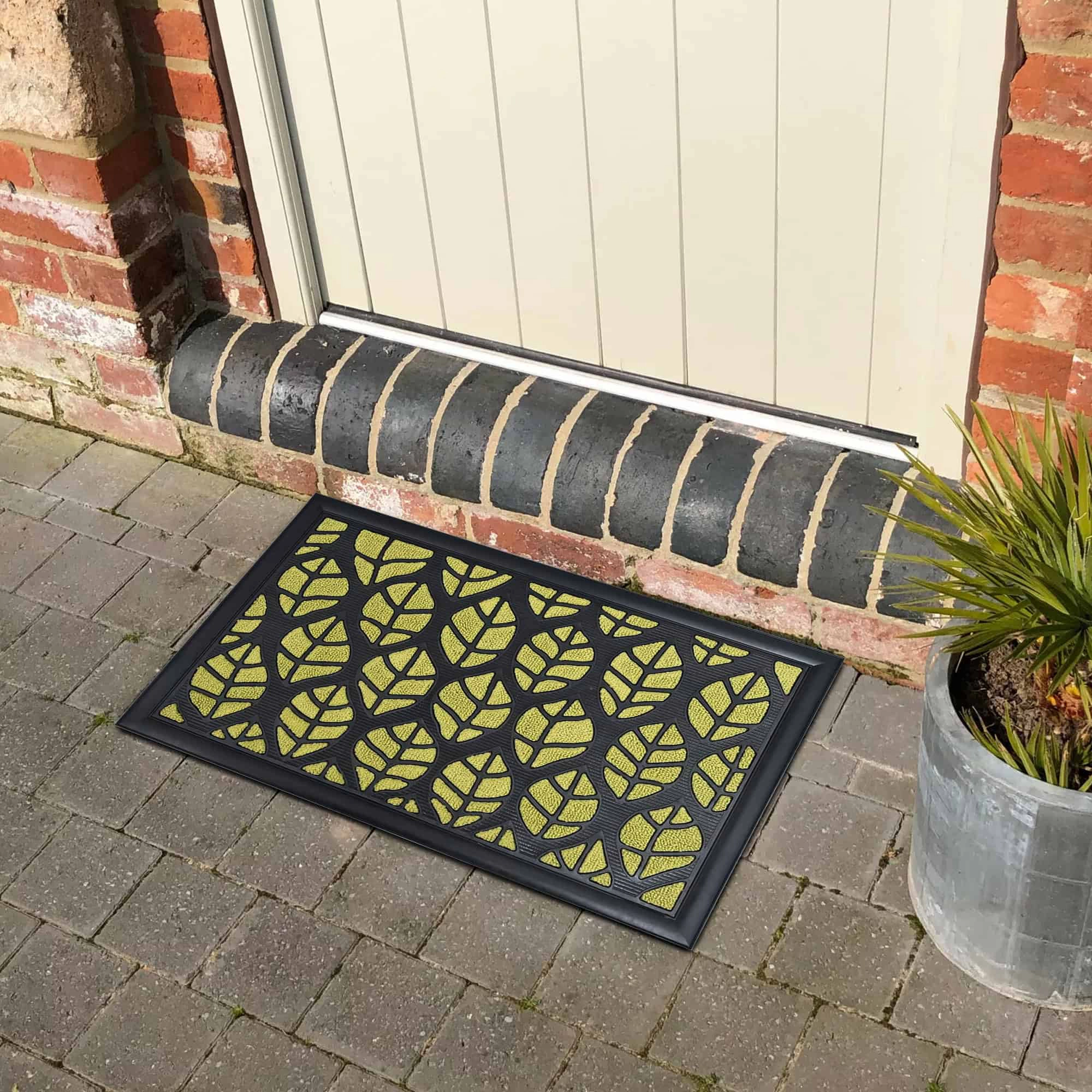 Evideco French Home Goods Green and Black Central Park Leaf Nylon Doormat 24 x 16 Inches