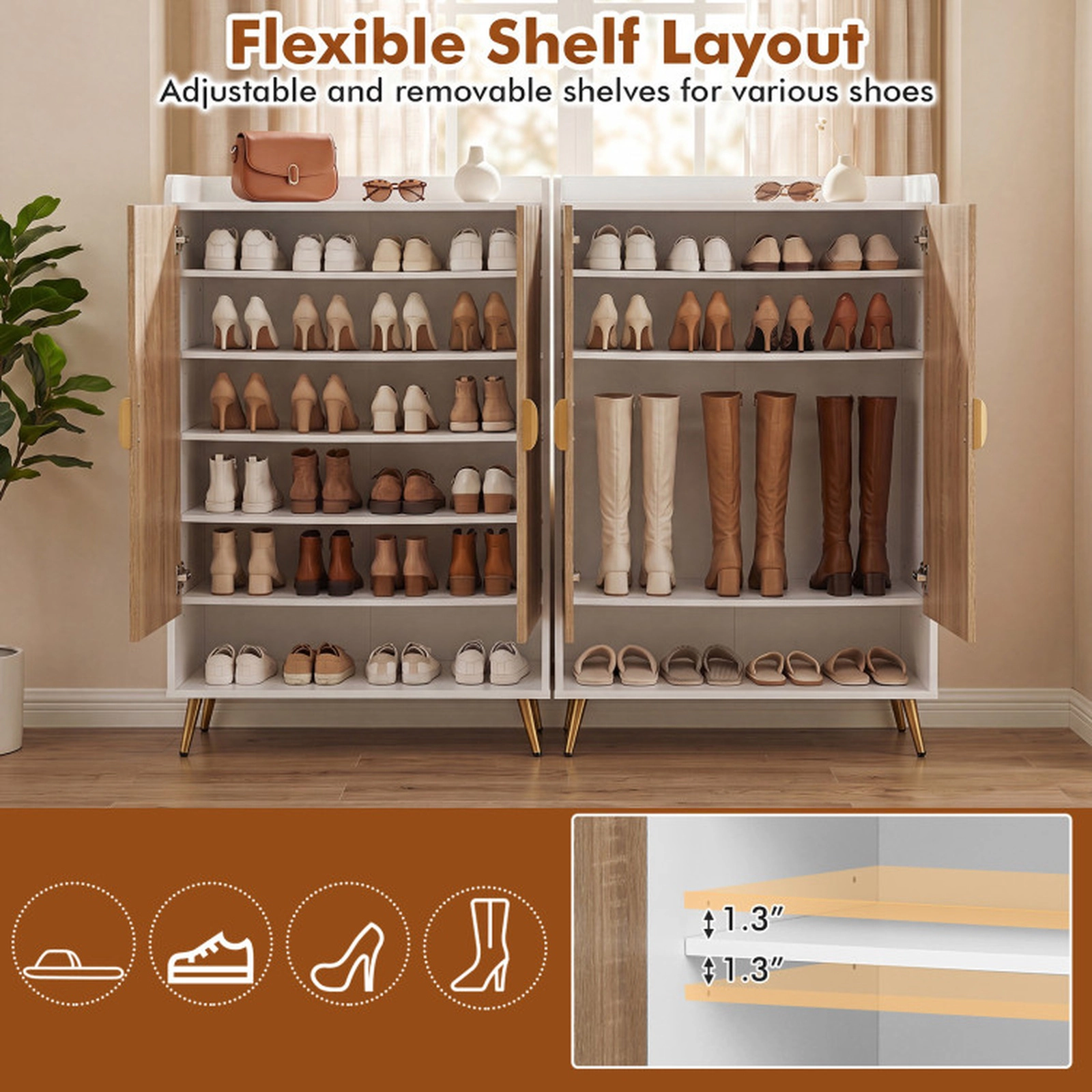 SUGIFT 44-in Tall Shoe Storage Cabinet with 7-Tier Doors and Adjustable Shelves 110-lb Capacity Natural