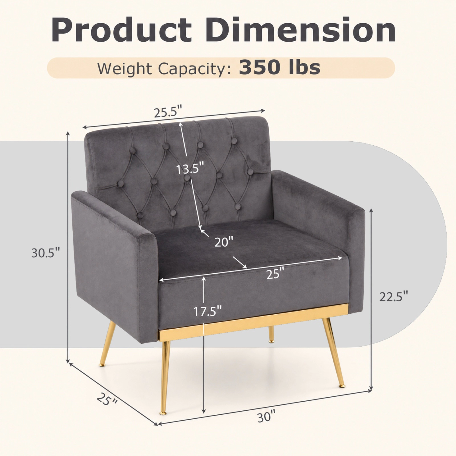 SUGIFT Modern Velvet Upholstered Accent Chair with Button-Tufted Back and Adjustable Feet 350-lb Capacity Gray