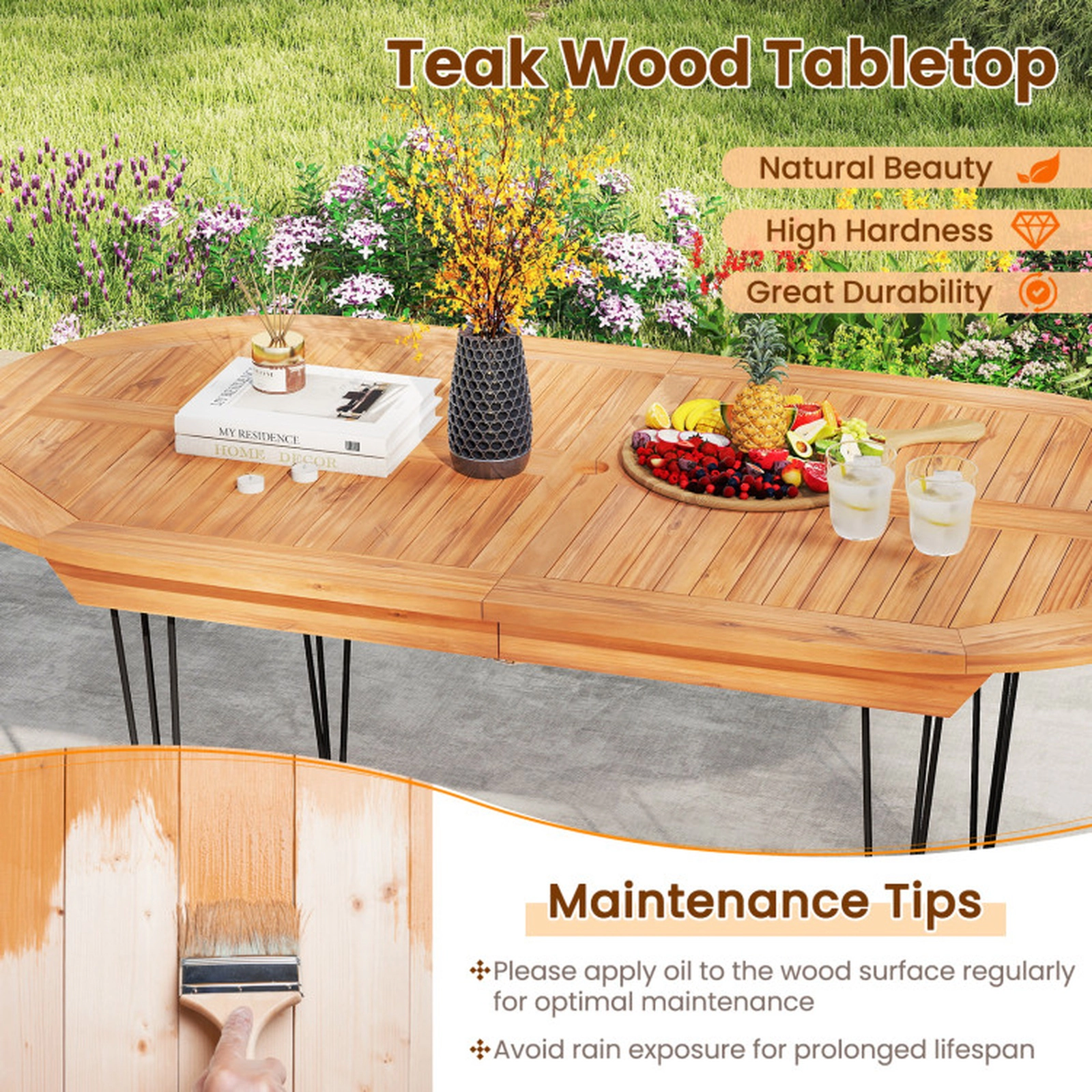 SUGIFT 6-Person Patio Dining Table with Teak Wood Tabletop 230-Lb Capacity 71-in Long Natural + Black 2-Piece Top