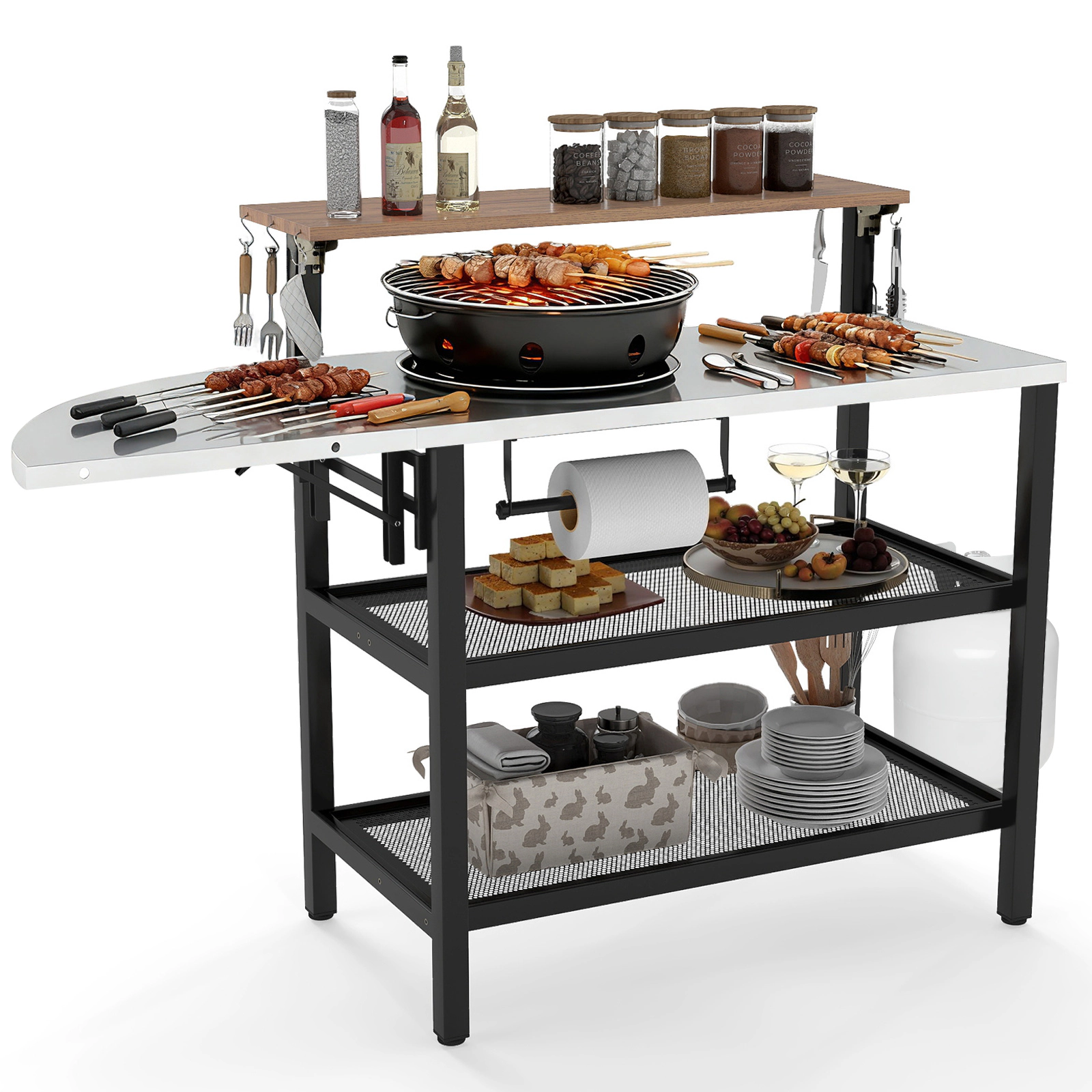 SUGIFT Outdoor Foldable Grill Table with Flip-Up Top and 2 Storage Shelves 300-lb Tabletop Capacity Black