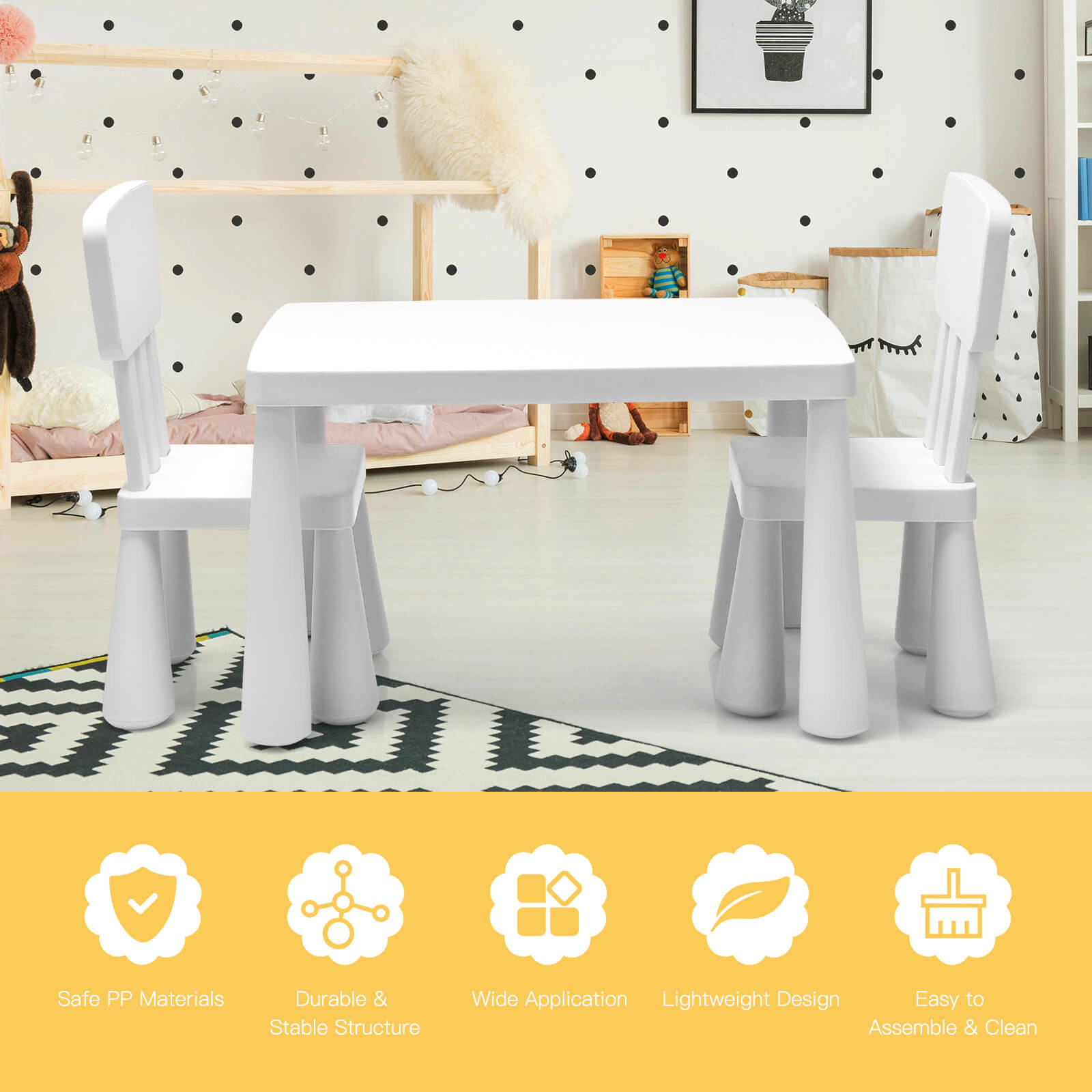 SUGIFT Kids Table and Chair Set, 3-Piece White PP Toddler Dining and Study Set, 19-Inch Table with 2 Chairs