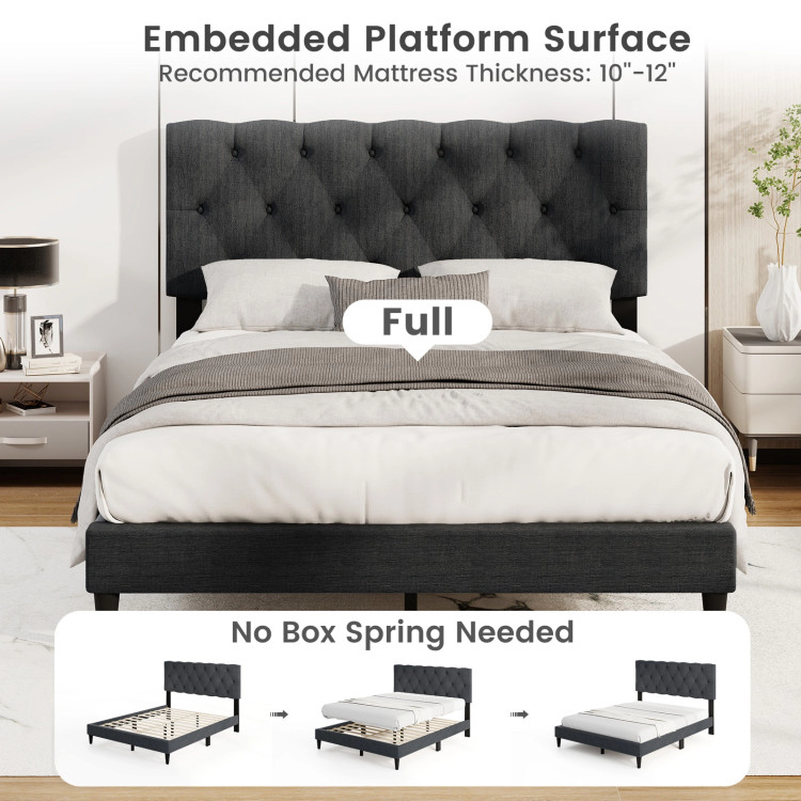 SUGIFT Upholstered Platform Bed with Tufted Headboard and Wooden Slats 800-lb Capacity Full Size Gray