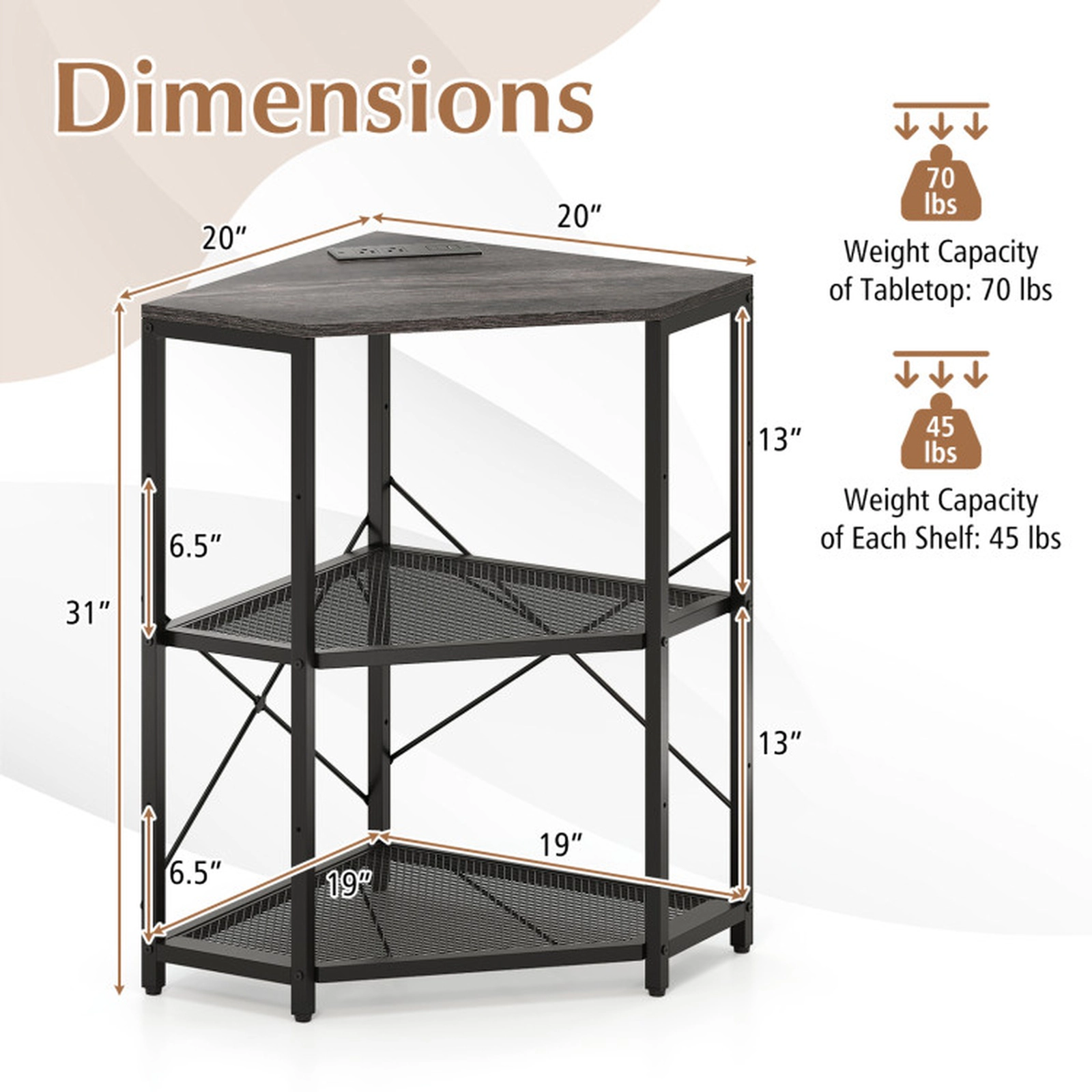 SUGIFT 3-Tier 2 AC Outlets Adjustable Middle Shelf Corner Printer Stand 20-in x 20-in x 31-in 45-lb Capacity Black