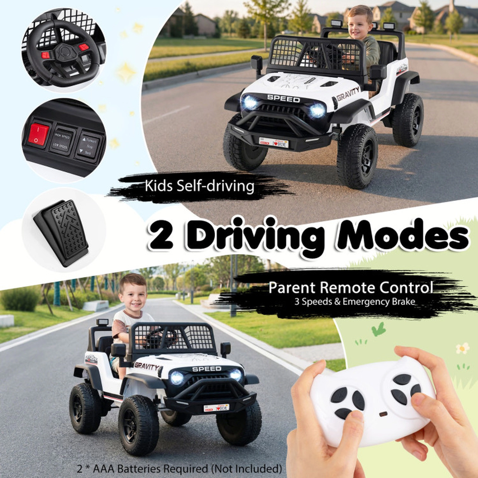 SUGIFT 24V White Kids Ride-On Car with Parent Remote Control 6 Songs and LED Headlights 38-in W 66-lb Rider