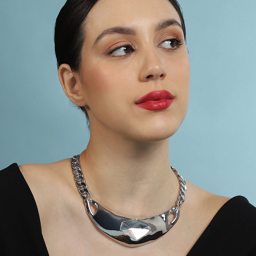 SOHI Women's The Petra-Chain Collar Necklace - Chrome Silver