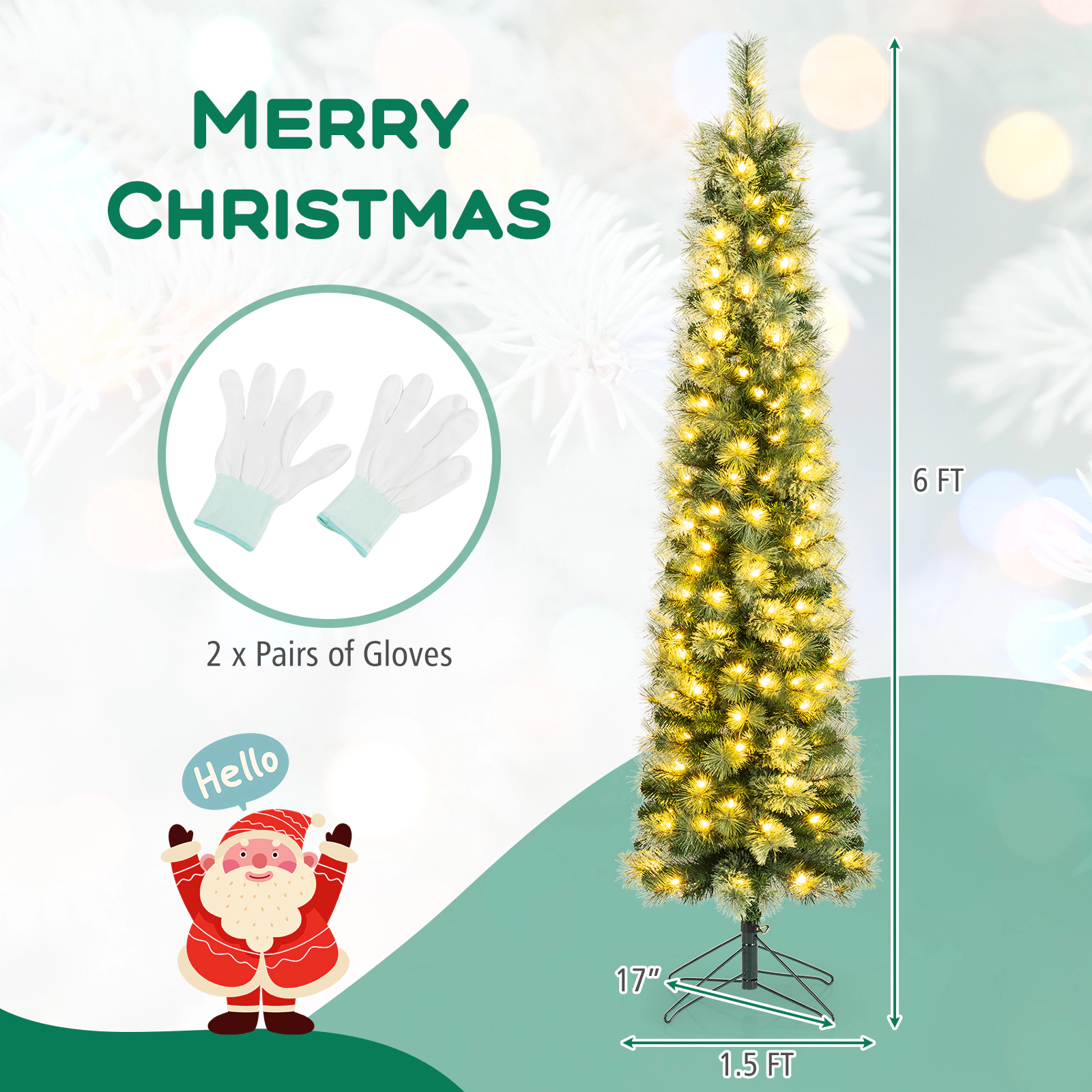 Costway 6/7 FT Pre-Lit Pencil Artificial Christmas Tree with 120/150 LED Warm Lights, 8 Modes
