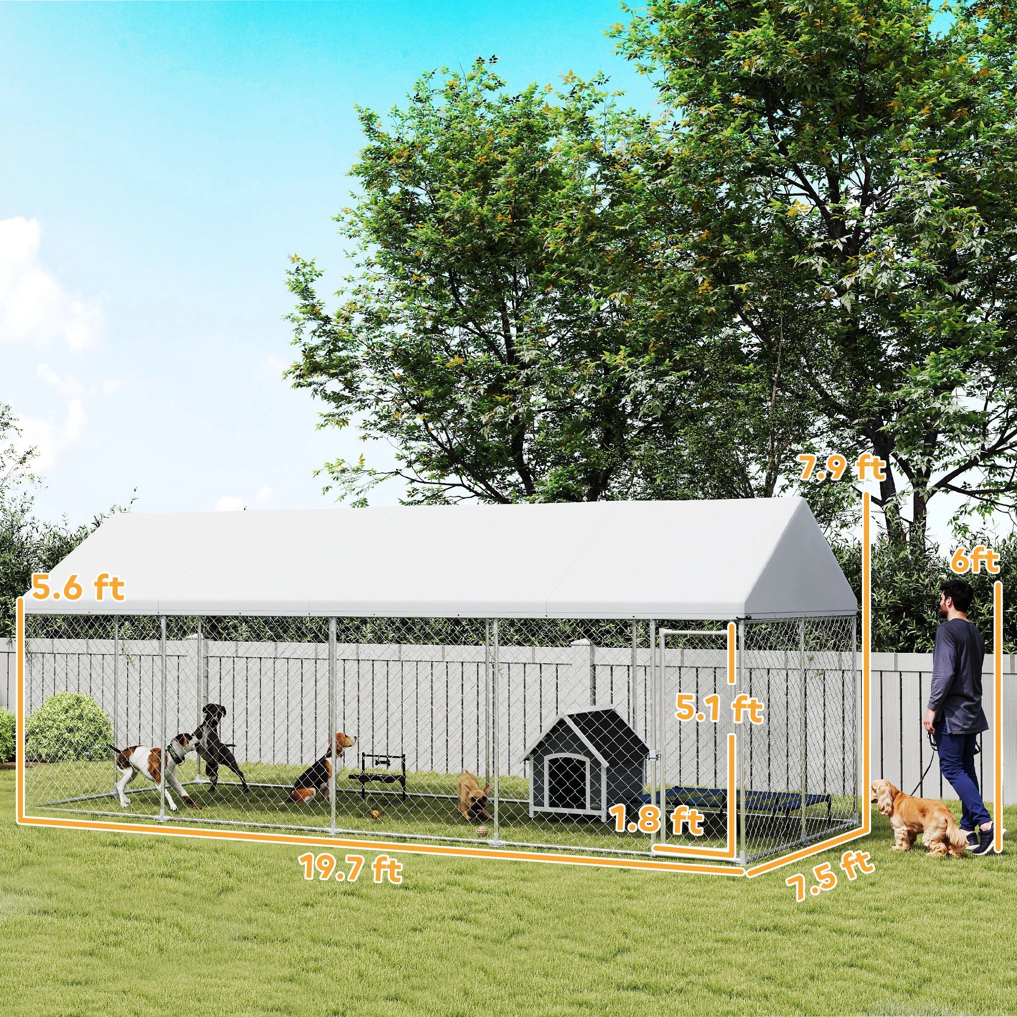 HONGGE Heavy Duty Outdoor Dog Kennel with Waterproof Roof, Secure Latch, Chain Link Dog Run for Backyard