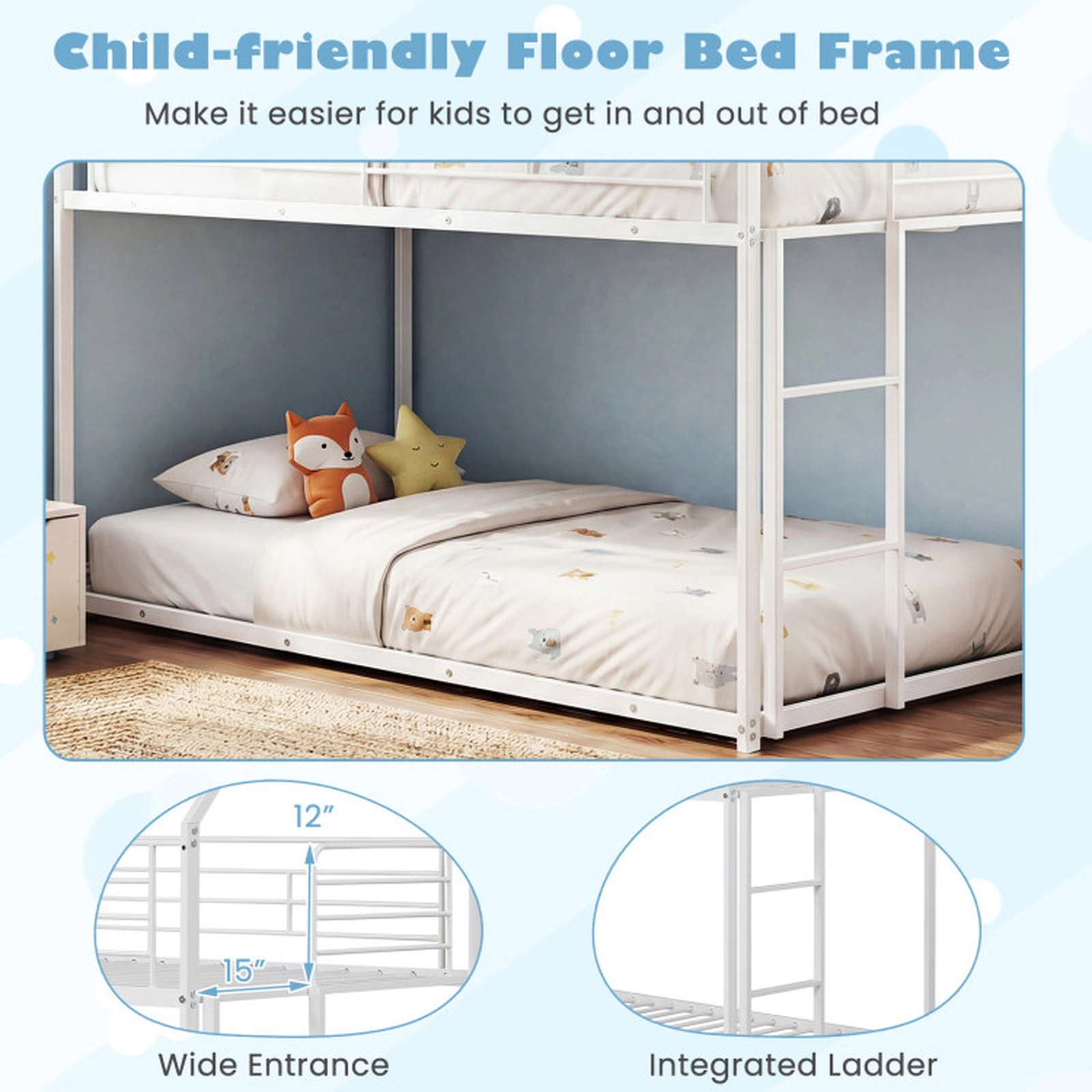SUGIFT House-Shaped Twin-Over-Twin Metal Bunk Bed with Roof, Guardrails and Ladder 400-lb Capacity White