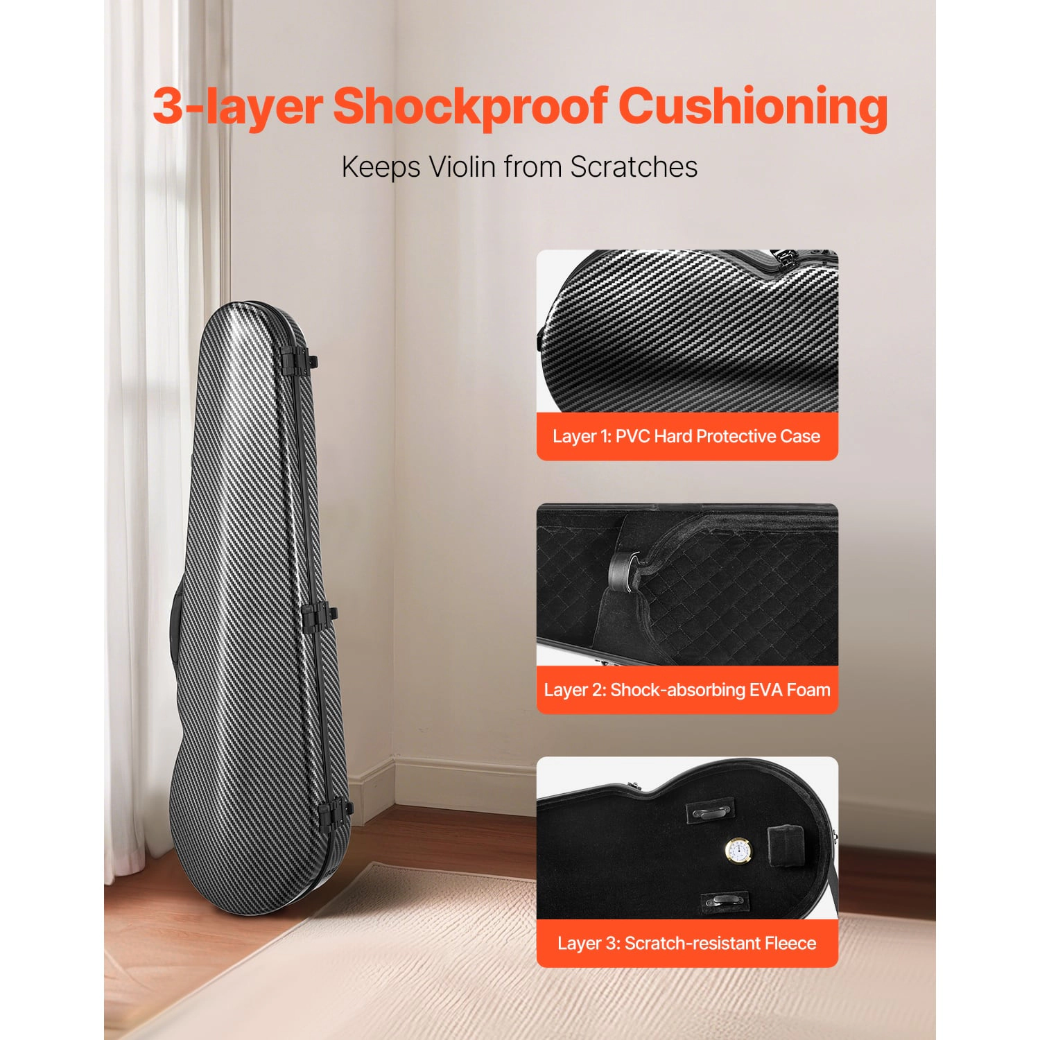 HONGGE 4/4 Full Size Violin Case, Built-in Hygrometer, Lightweight Portable Travel Carrying Bag, with Plush Lining