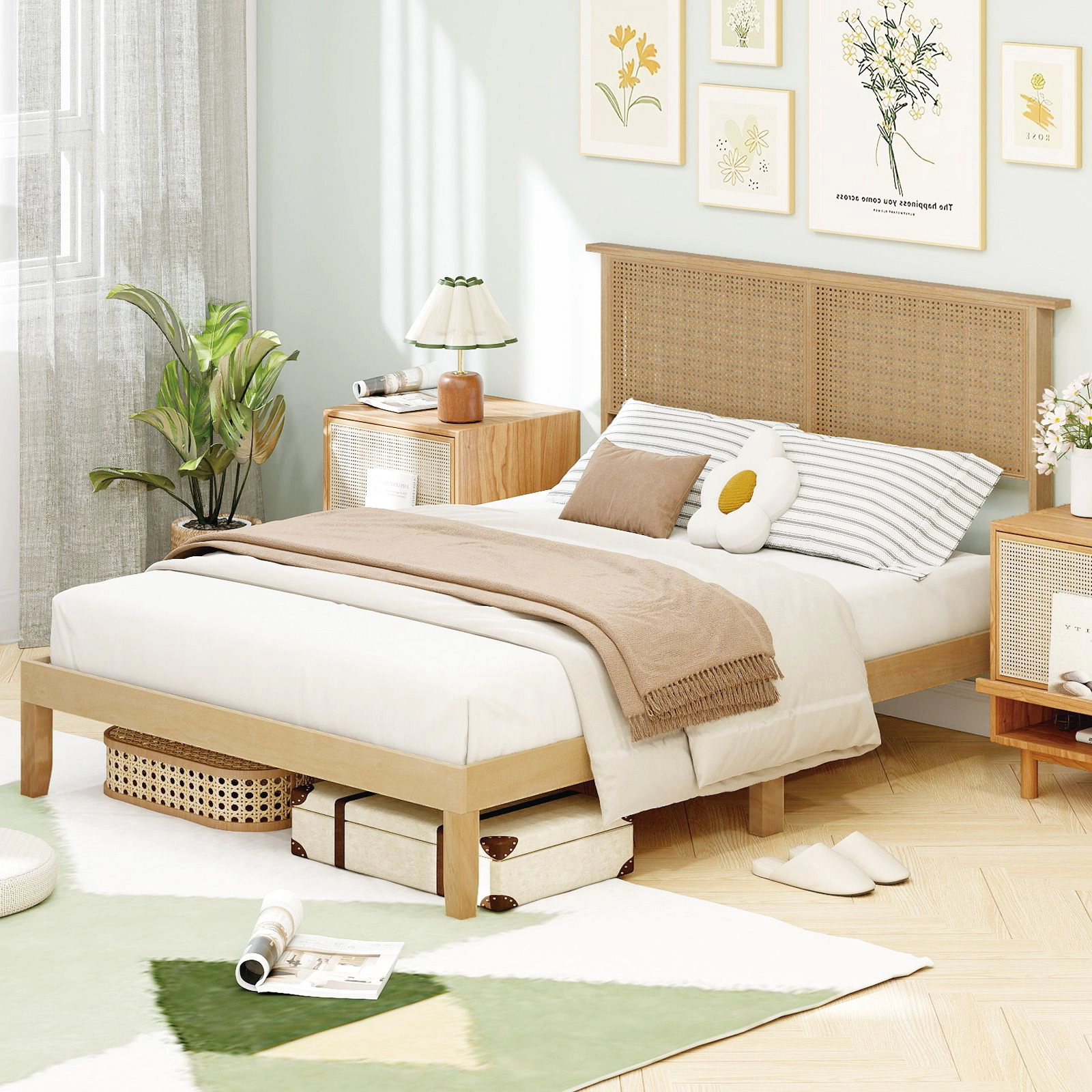 SlickBlue Rattan Platform Bed Frame with Solid Wood Frame and Headboard