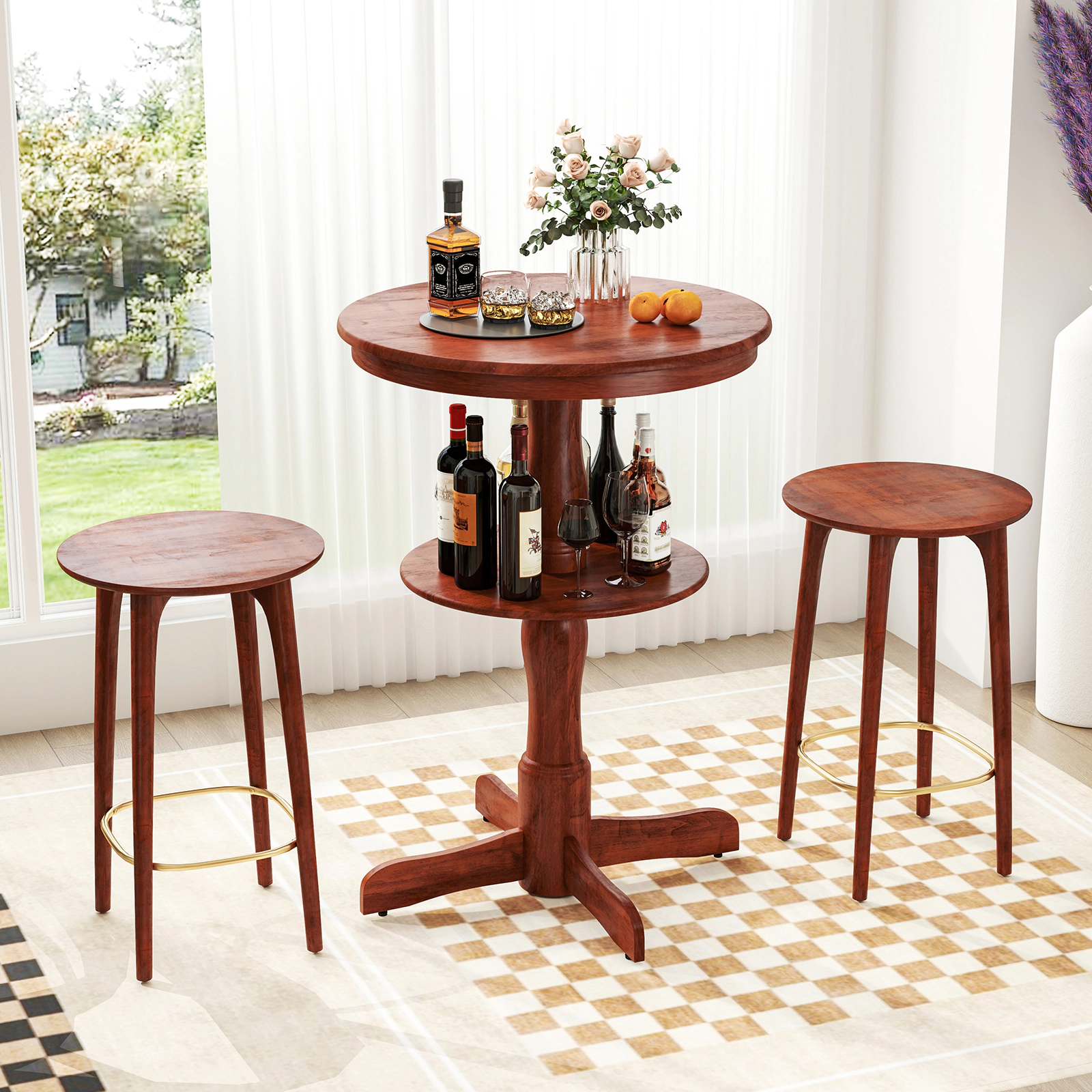 LJG 2-Tier Round High Top Bar Table with Storage Shelf and Pedestal Base