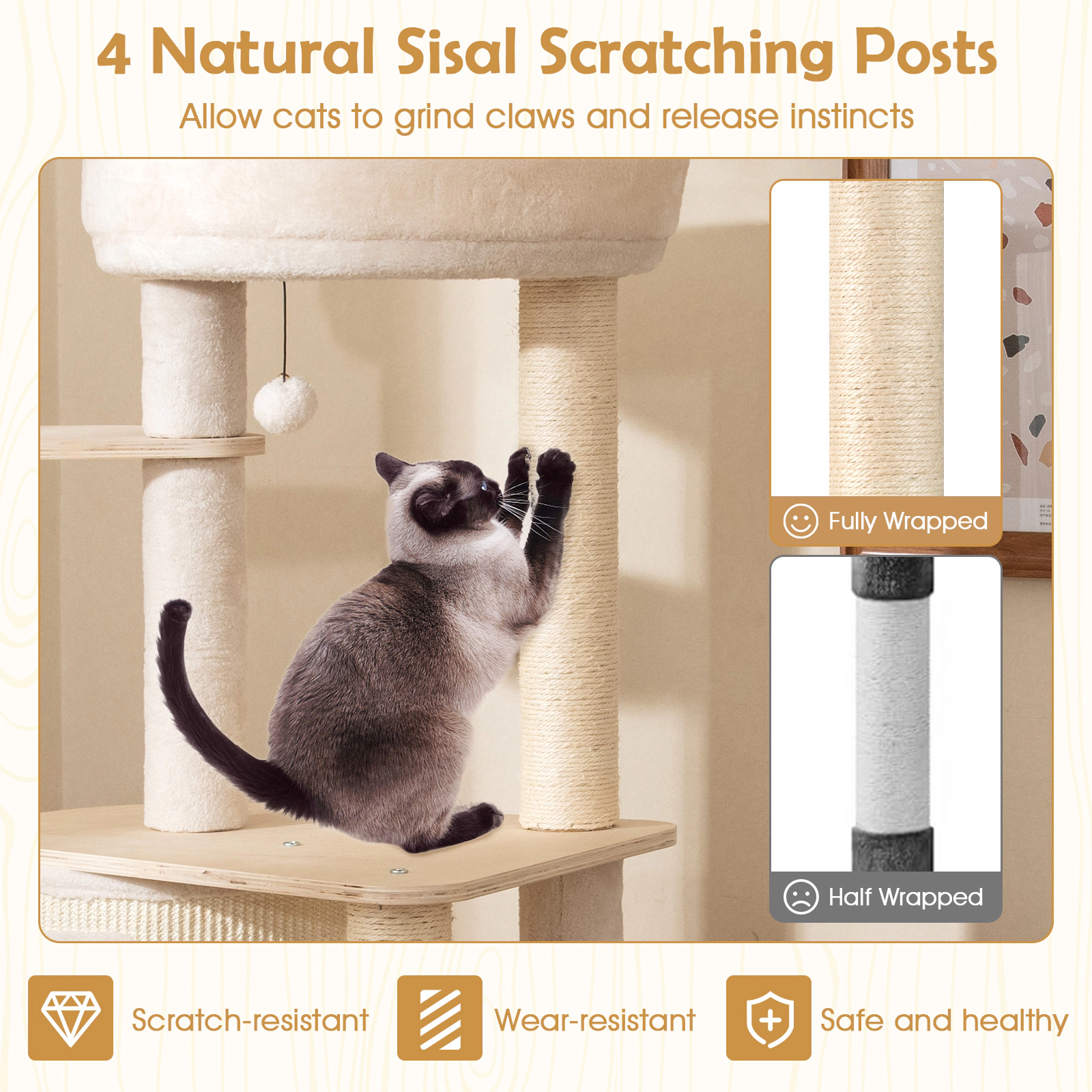 Glintex 56-Inch Birch Plywood Cat Tree with 2-in-1 Ladder and Bamboo-Lined Condo, Natural