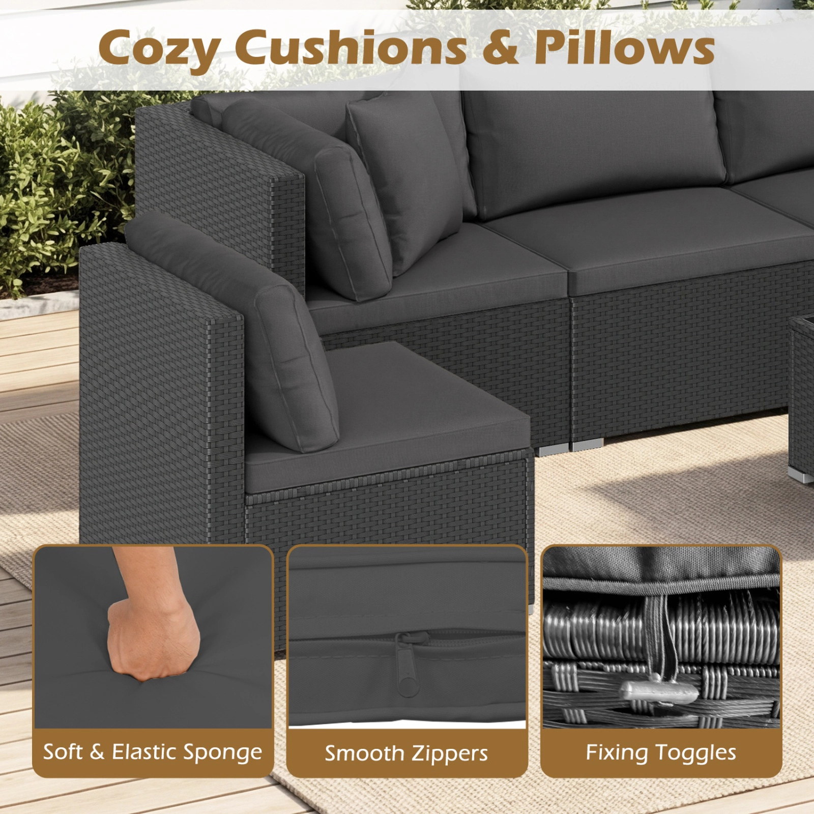 SUGIFT Tempered Glass Top Table and Cushions 7-Piece Outdoor Wicker Sectional Sofa Set