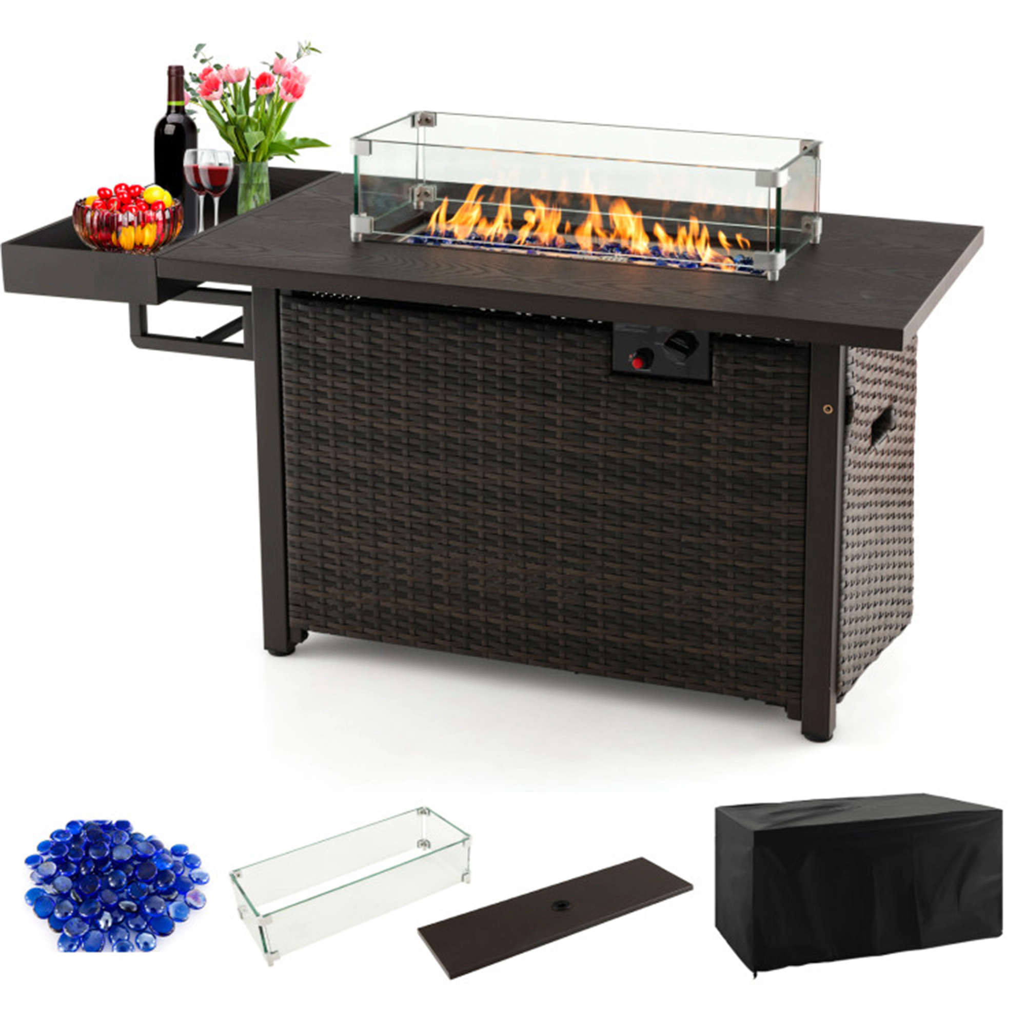 SUGIFT 52-Inch 50,000 BTU Brown Wicker Propane Fire Pit Table with Removable Lid, Wind Guard and Side Shelf