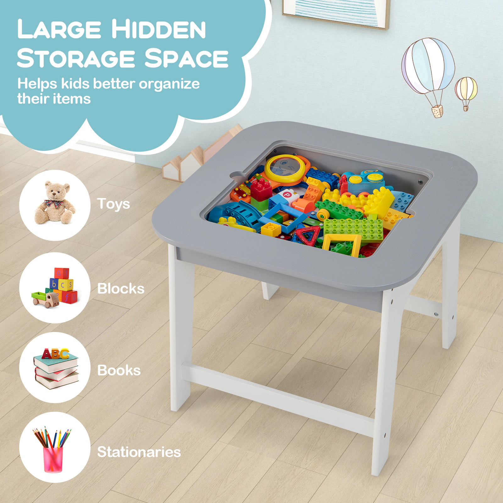 SUGIFT Double-Sided Kids Table and 2 Chair Set 19.5-in Tall 44-lb Table 66-lb Chairs Ages 3-6 Natural/Gray