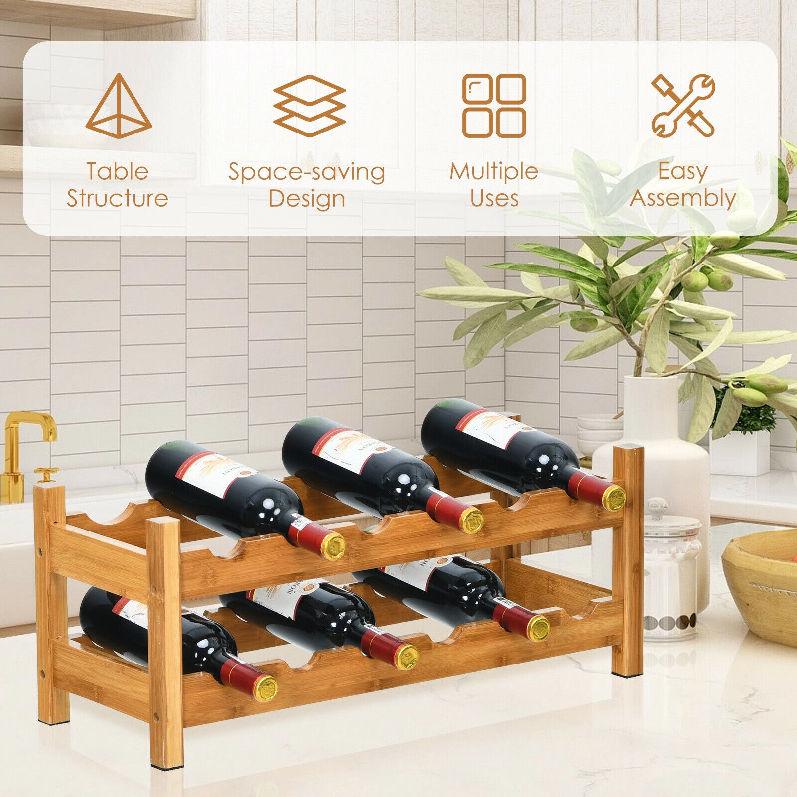 SUGIFT 2-Tier Bamboo Wine Rack Natural Countertop Storage Shelf for 12 Bottles