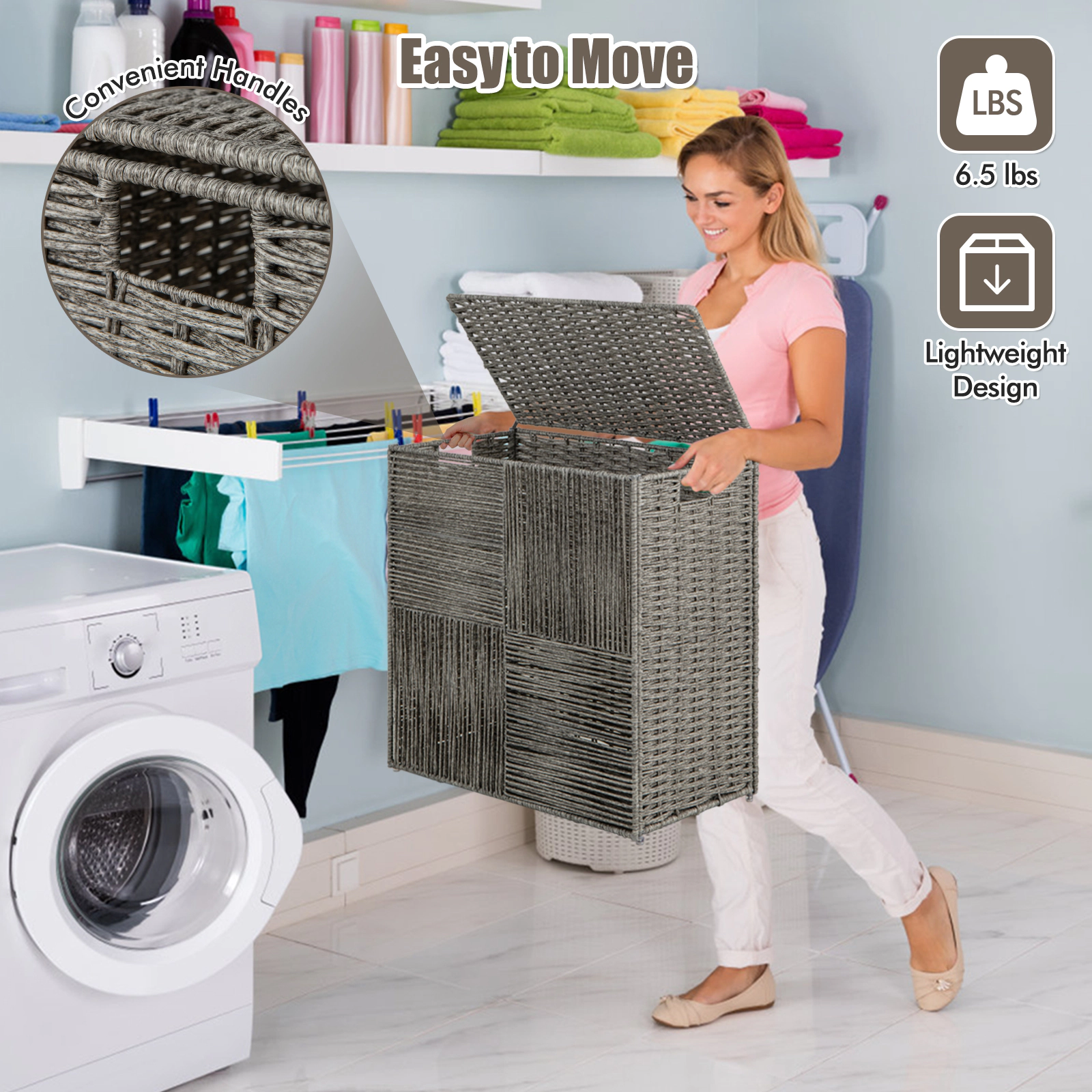 SUGIFT Grey 29-gal Laundry Hamper with 2-Section Removable Liner Bag and Handles for Dirty Clothes