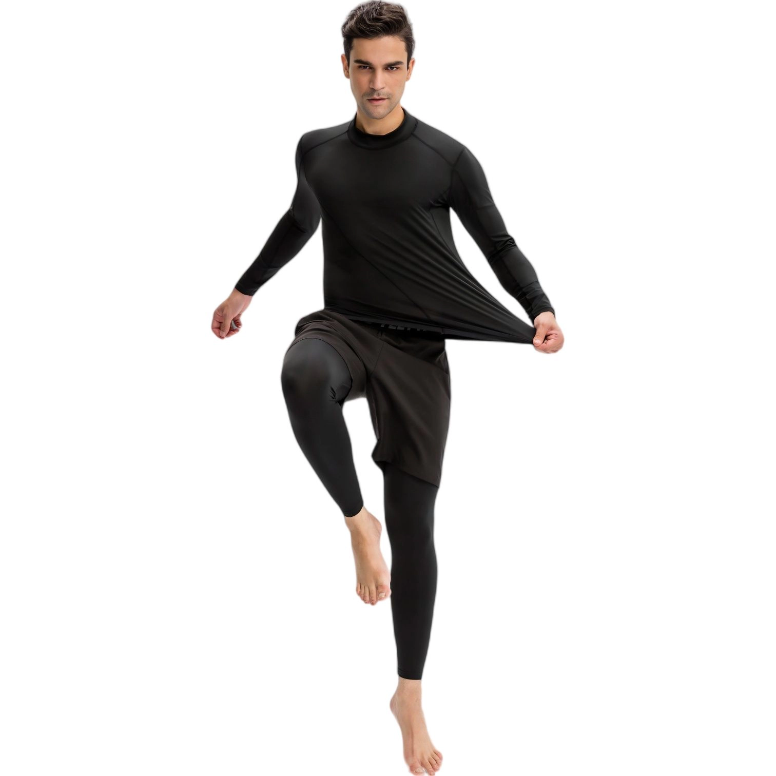 Anna-Kaci Men's Long Sleeve Compression Shirt with Contrast Stitching and Athletic Fit