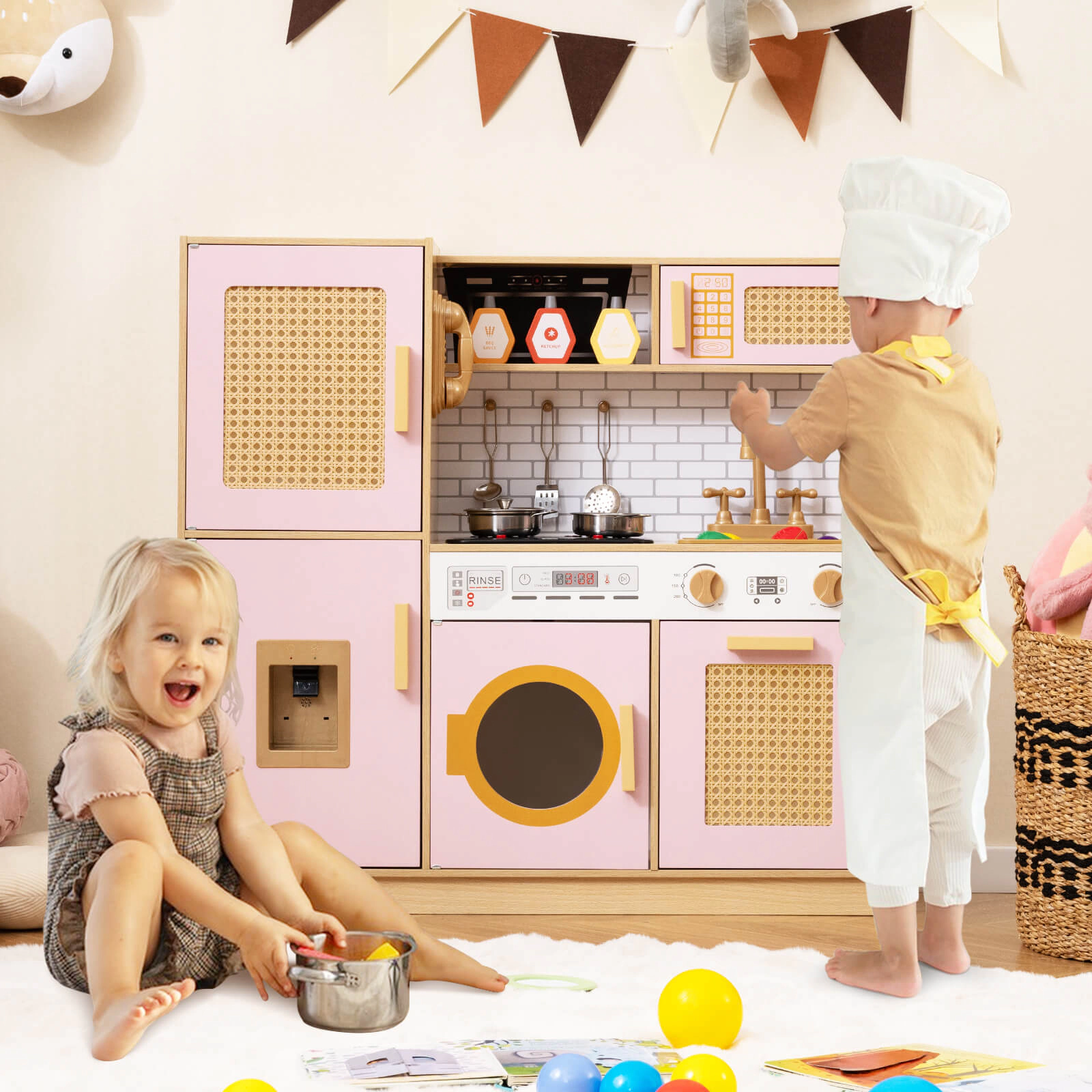 Costway Wooden Kids Kitchen Playset Pretend Play with Real Sounds Lights Yellow