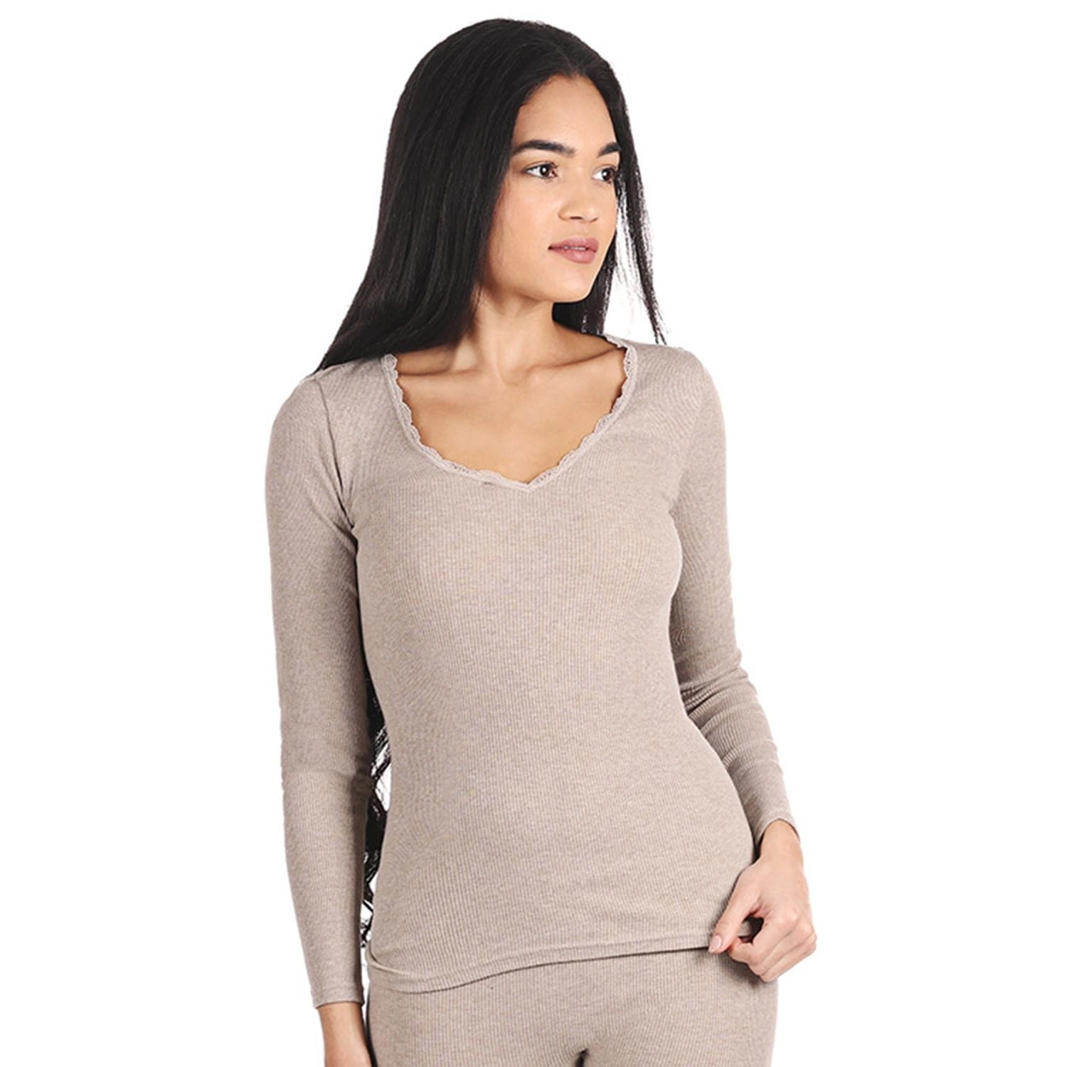Memoi Women's Organic Cotton Seamless Rib Lace Long Sleeve Top