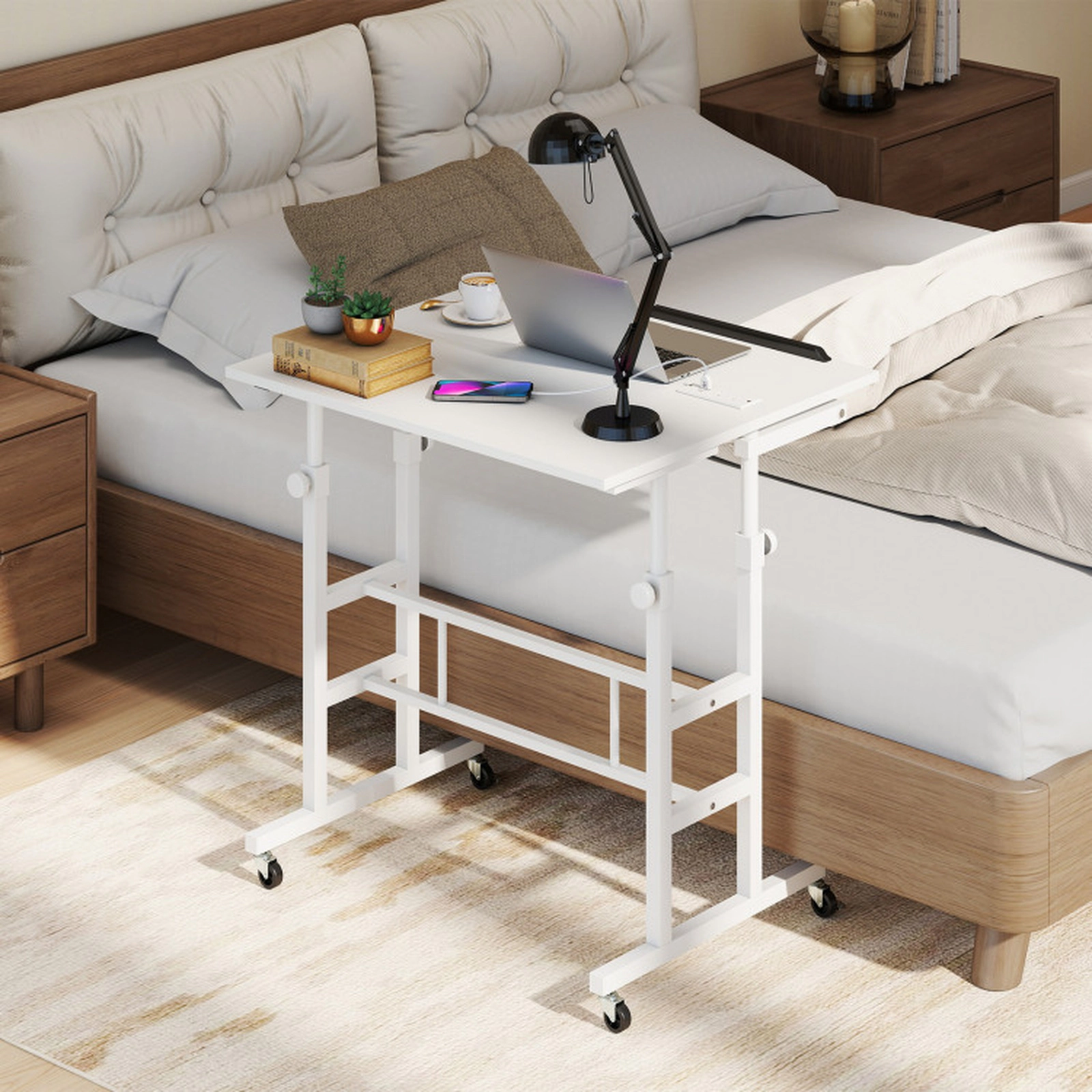SUGIFT Dual-Tier Mobile Standing Desk with Tilting Desktops, White