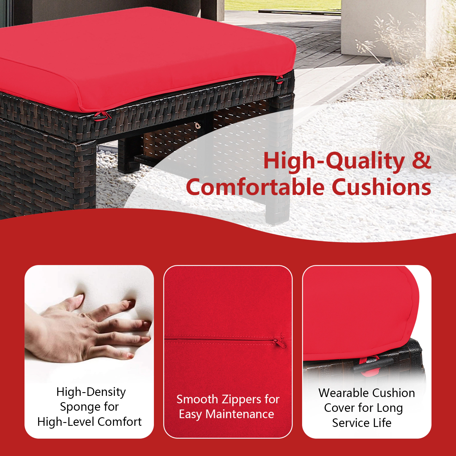SUGIFT Set of 2 355-lb Capacity Mix Brown PE Rattan Patio Ottomans with Red Water-Resistant Cushions