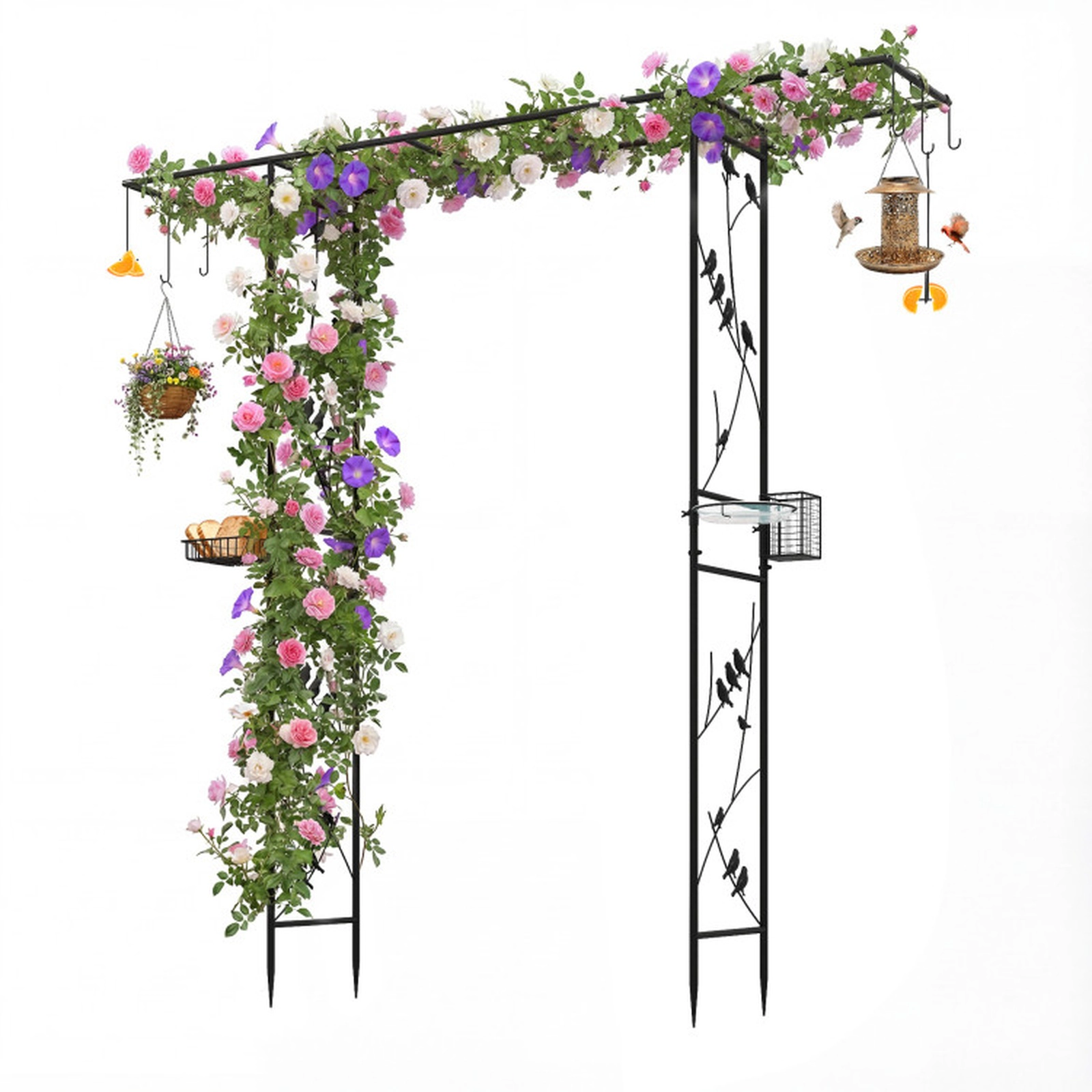 SUGIFT 84-in Garden Arbor Bird Feeding Station Trellis with 7 Hooks Water Bowl Mesh Tray and Suet Feeder Black