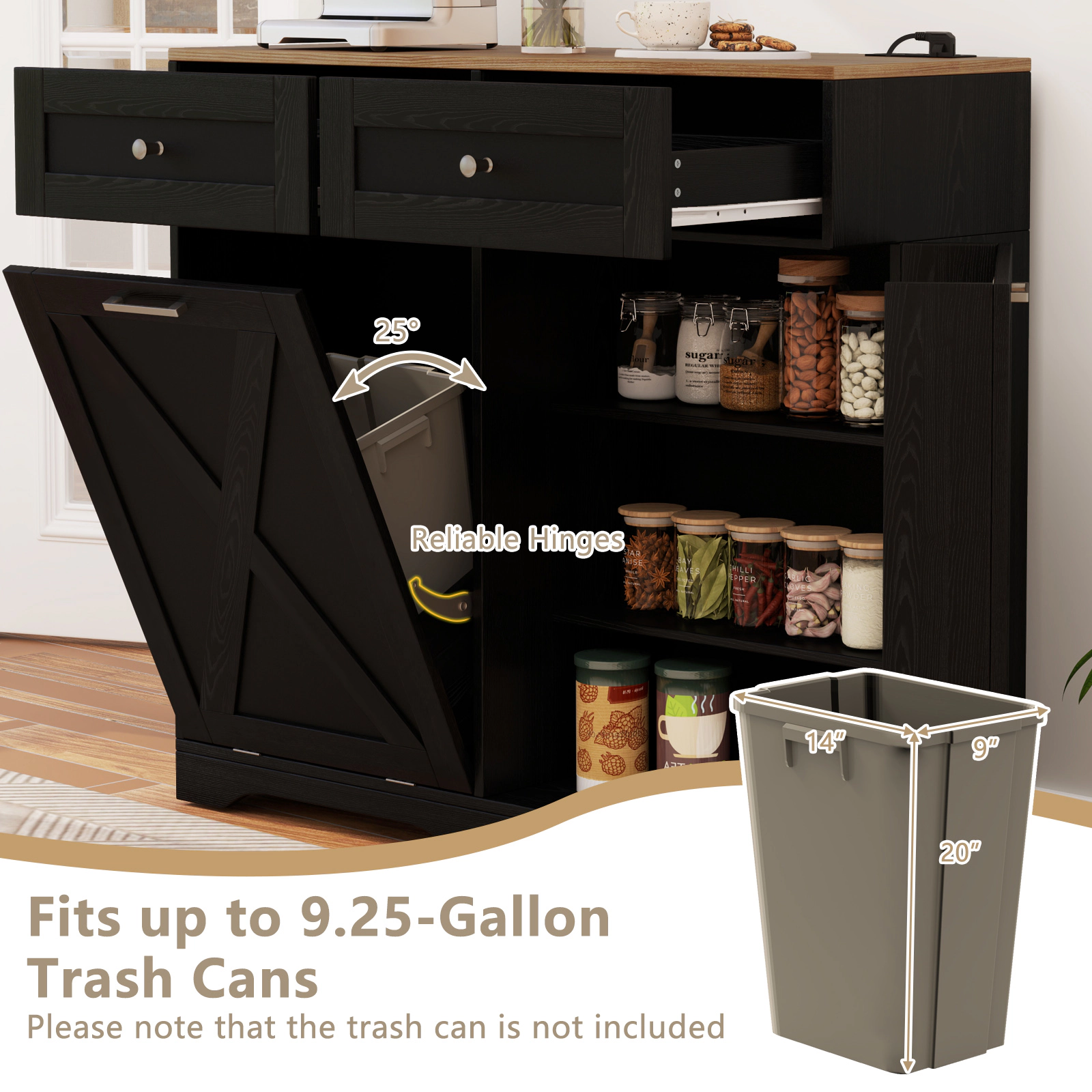 LJG Tilt Out Trash Can Cabinet with Outlets and Adjustable Shelf