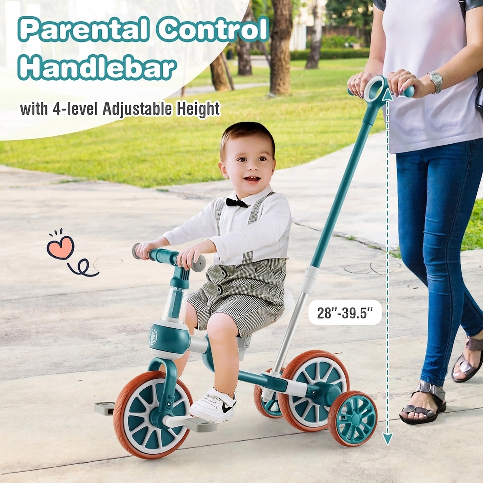 4-in-1 Kids Tricycle 4-Level Parent Push Handle Detachable Pedals Training Wheels 135-Degree Ages 2-4 Green