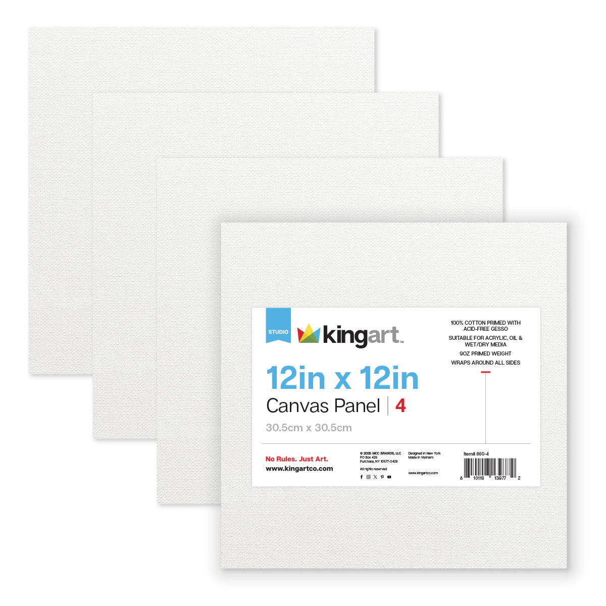 KINGART 12" x 12" Canvas Panels 4-Pack - Pre-Primed Cotton, Rigid Backing