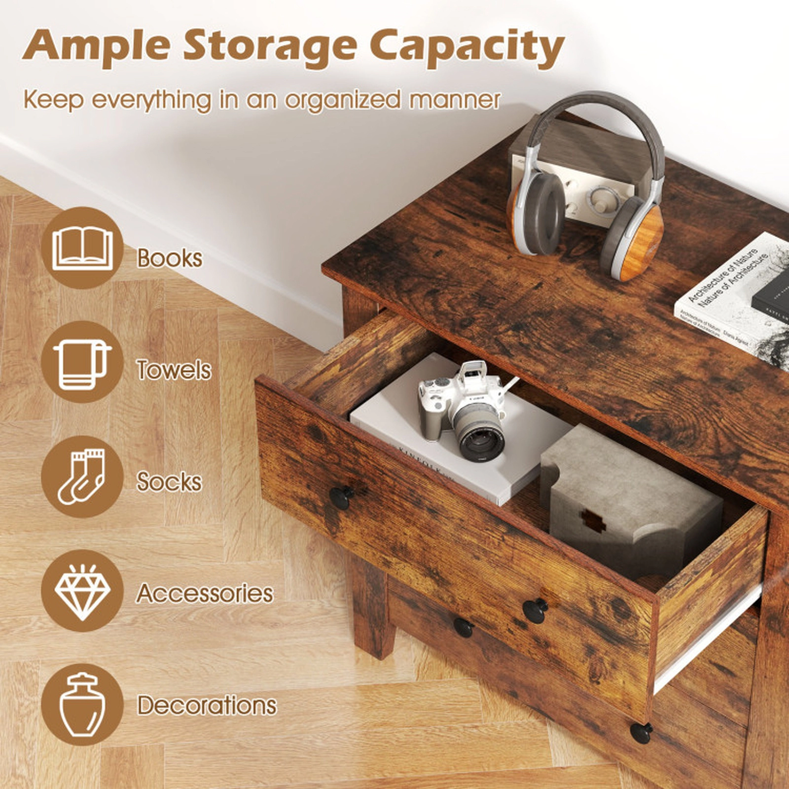 SUGIFT 3-Drawer MDF Dresser Chest of Drawers 28 x 18 x 26 in 220-Lb Capacity Bedside Table Rustic Brown