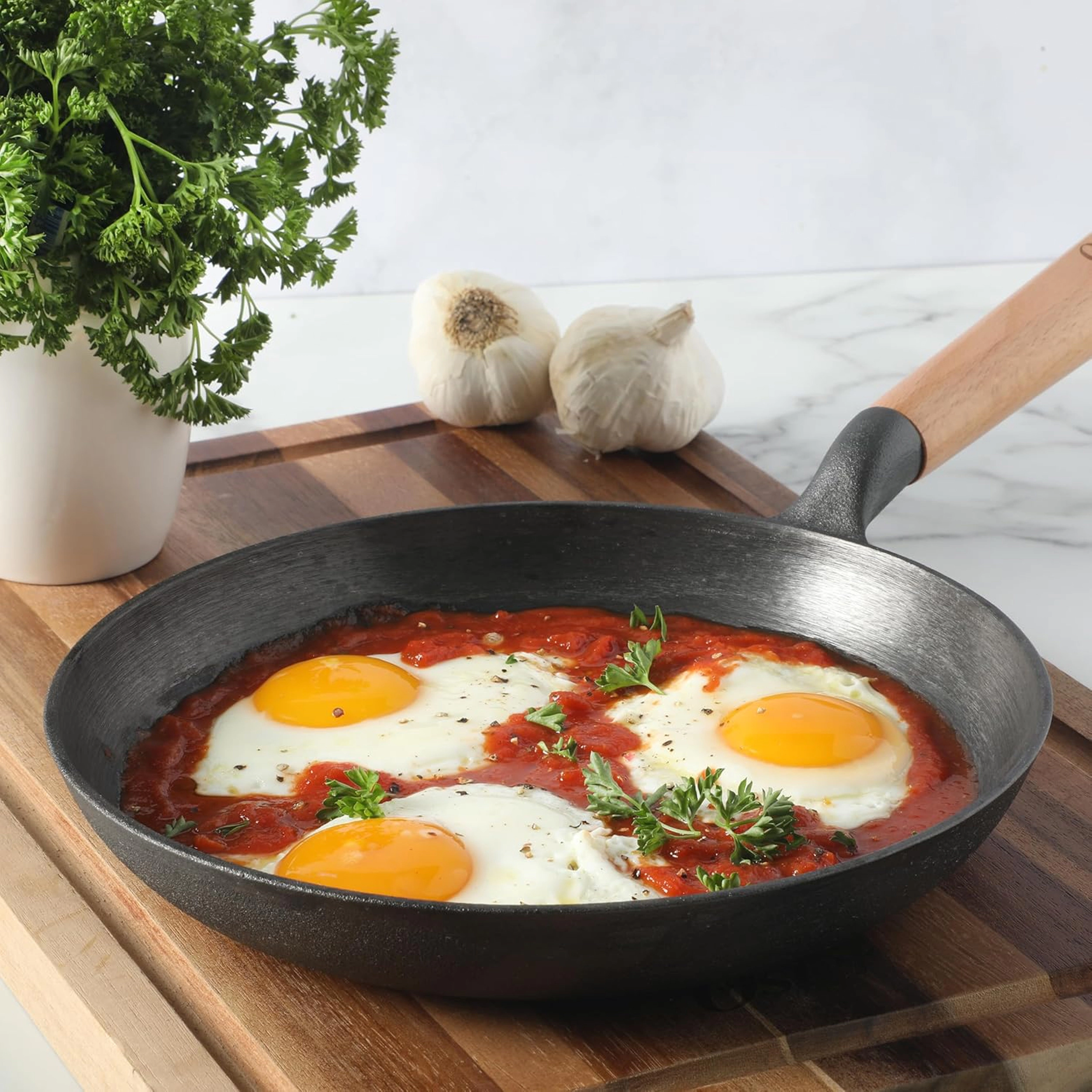 Oster Flintfield 9.5 Inch Round Cast Iron Skillet with Wood Handle