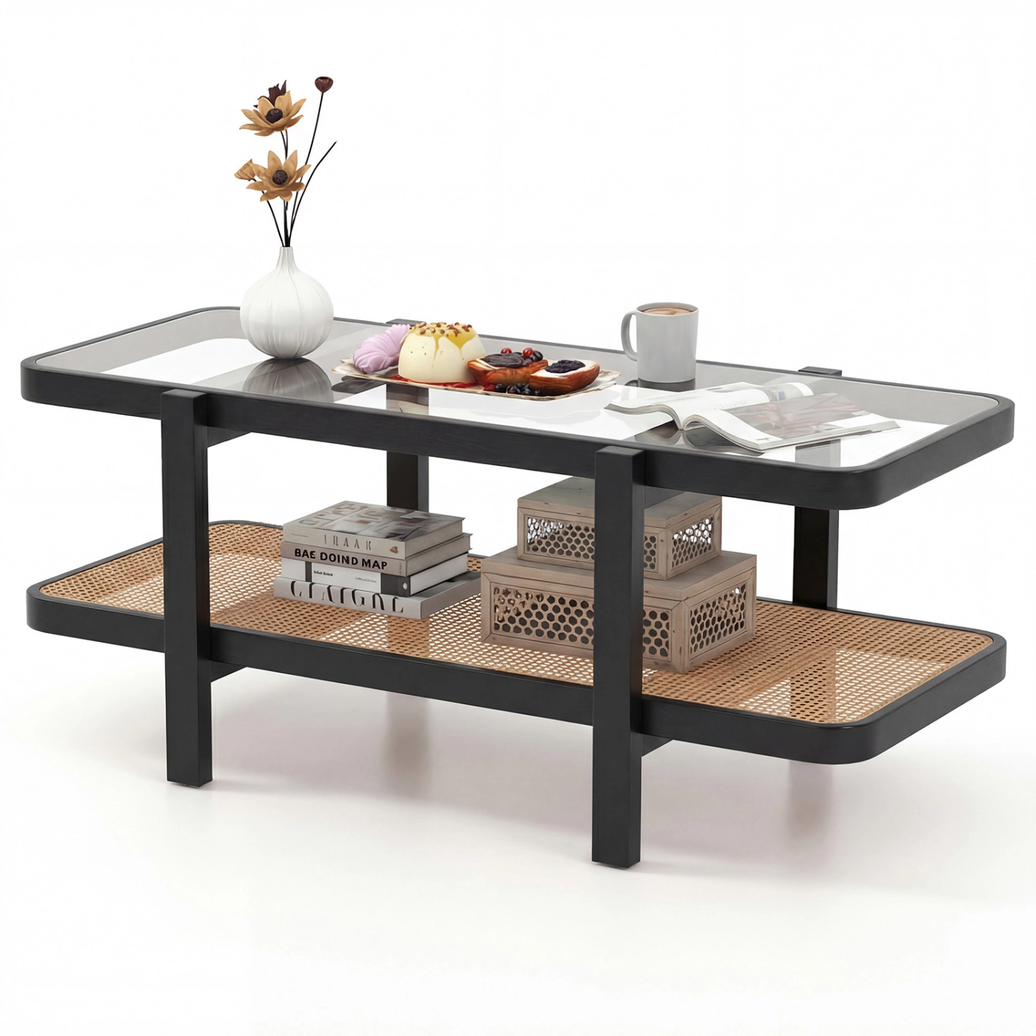 Glintex 2-Tier 47.5-Inch Acacia Coffee Table with Full-Width Rattan Shelf